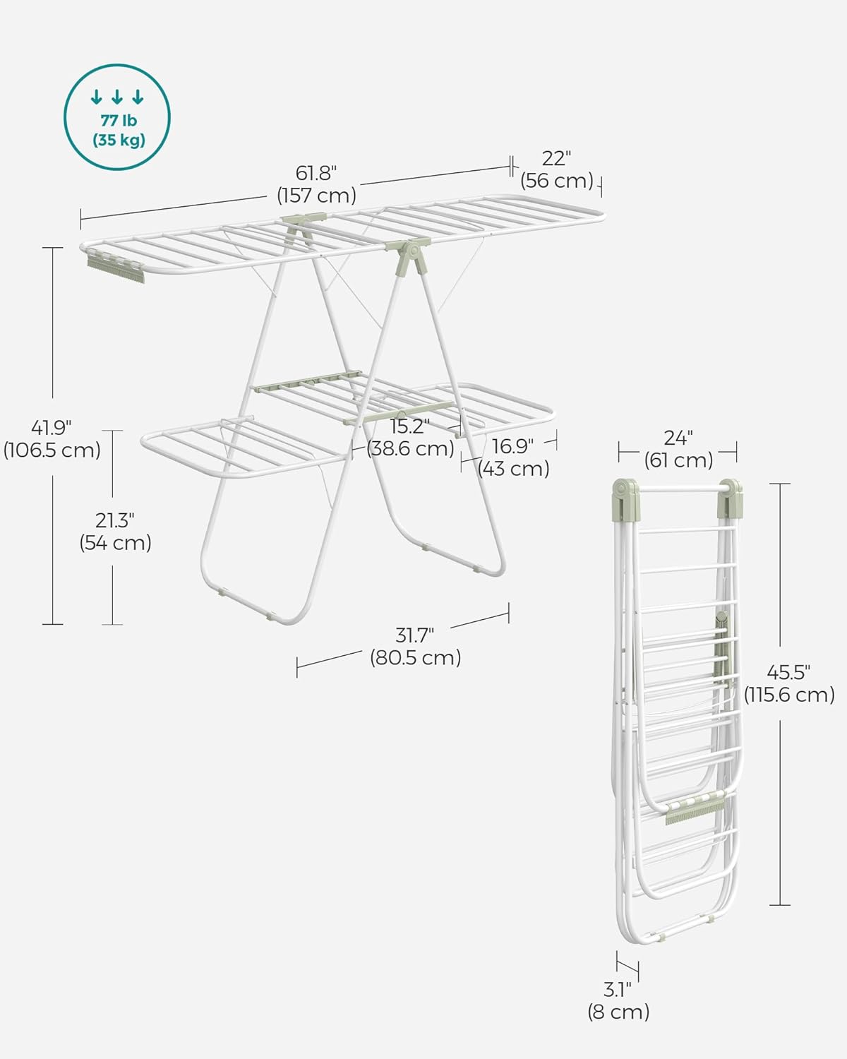 SONGMICS Clothes Drying Rack, Foldable 2-Level Laundry Drying Rack, Free-Standing Laundry Airer