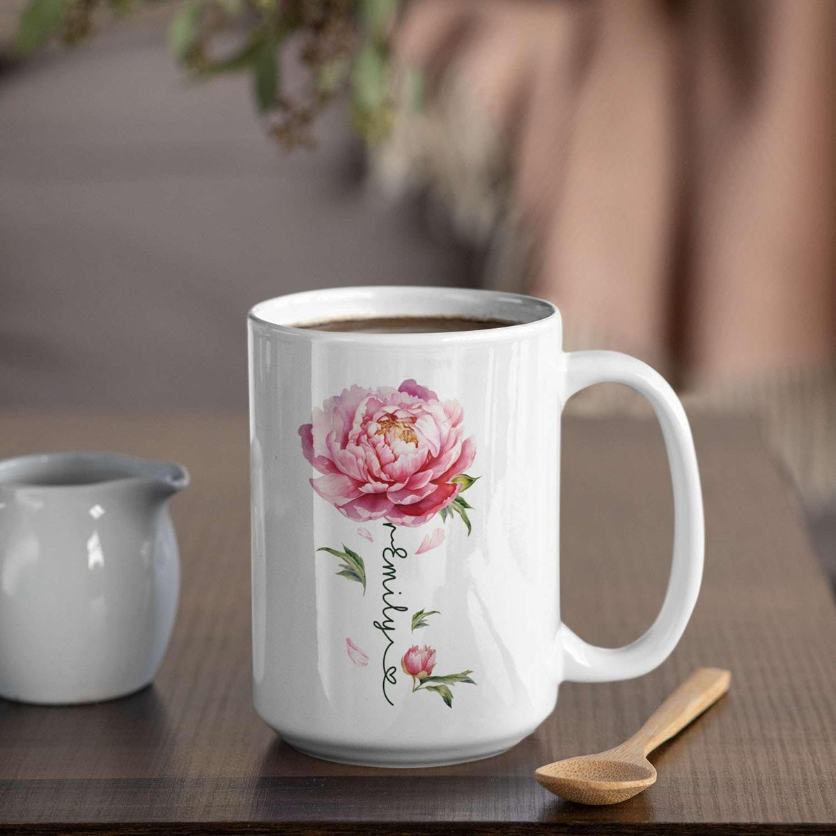 Flower Design Mug With Custom Name, Unique Peony Flower Ceramic Cup, Customized Flower Lover Coffee