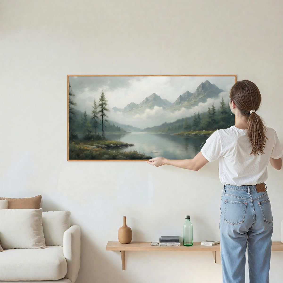 SIGNINART Large Misty Mountain Framed Canvas Wall Art, Green Forest River Scenery Wall Decor