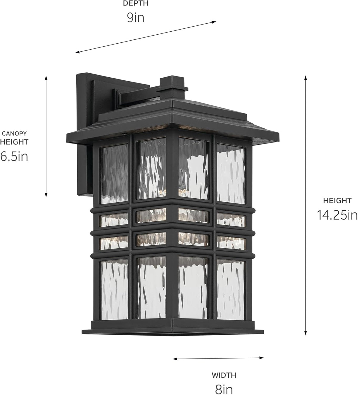 KICHLER Beacon Square 14.25" 1-Light Outdoor Wall Light with Clear Hammered Glass in Textured