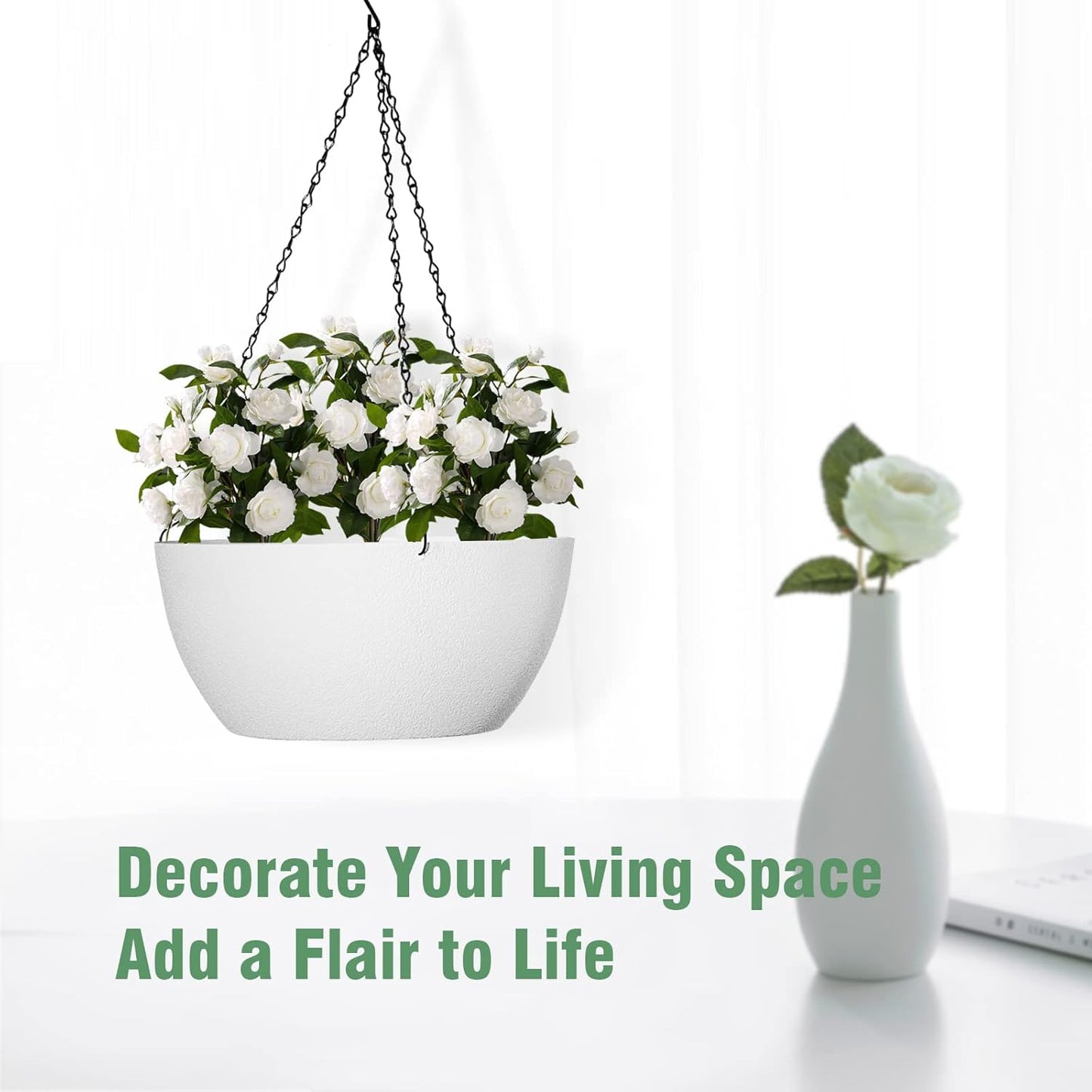 10 inch Hanging Planters for Outdoor Indoor Plants with Drainage Holes and Chain, 2 Pack Round