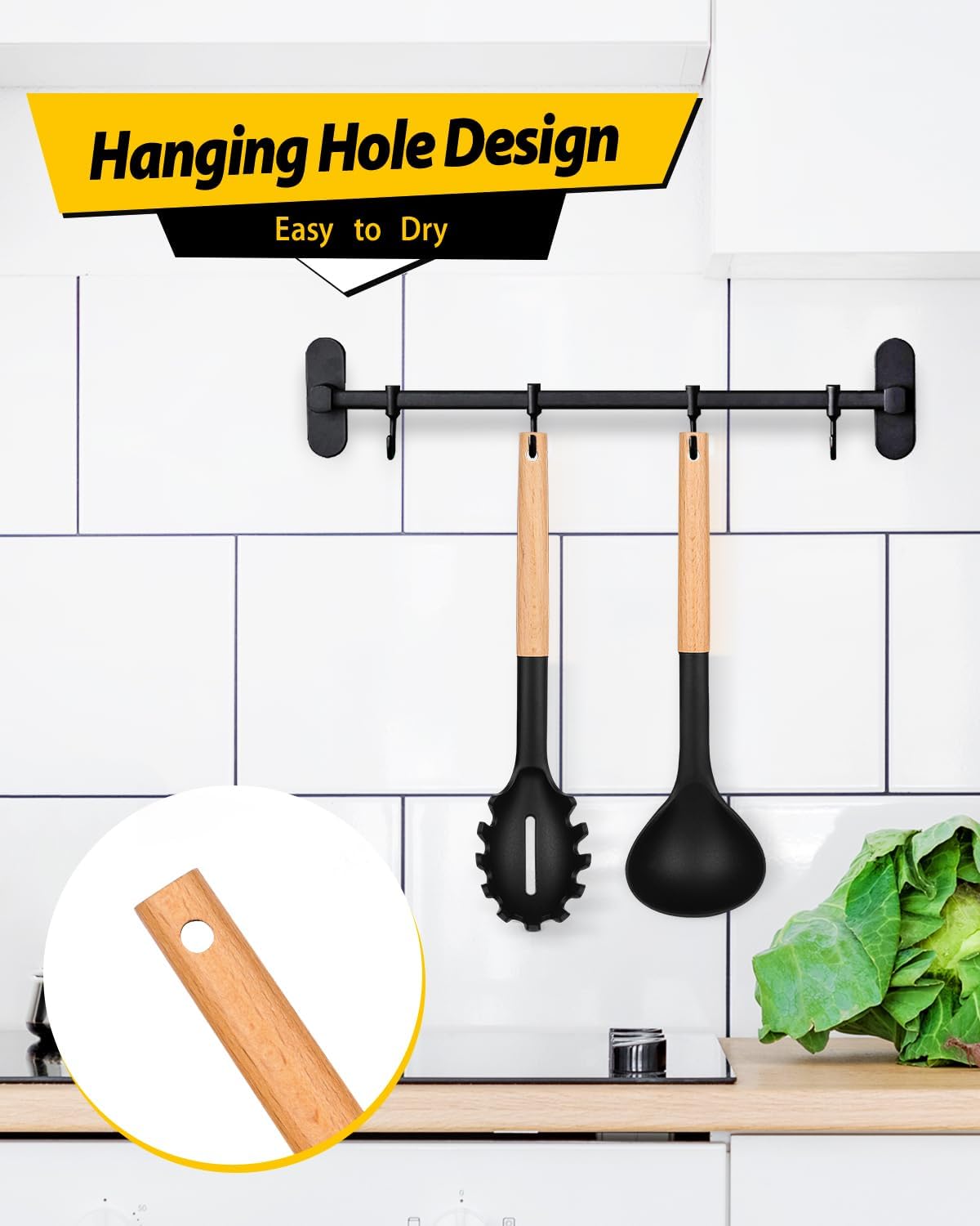 Silicone Pasta Fork and Ladle Spoon Set with Wooden Handle, Heat Resistant Non Stick Kitchen
