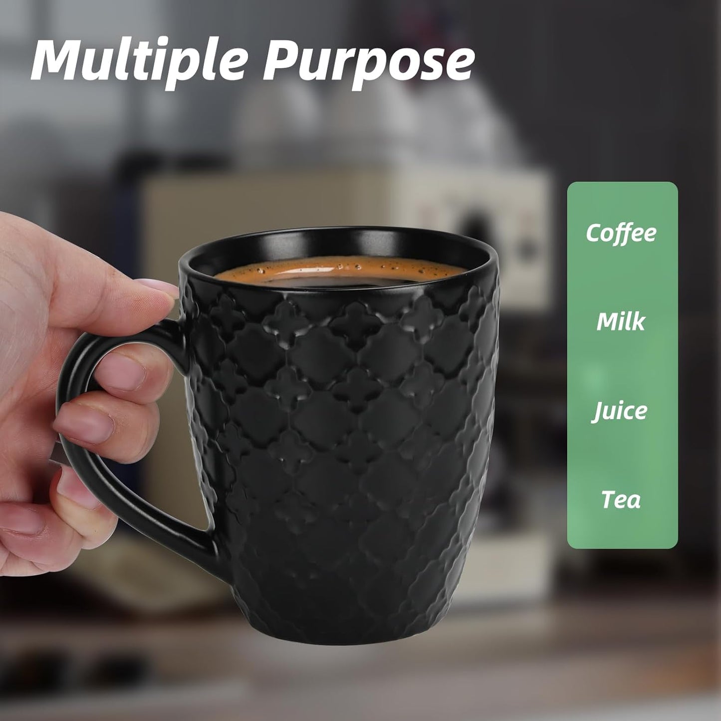 16 OZ Bone Coffee Mugs Set of 6 Matte Black, Large Ceramic Coffee Mugs Set with Different Texture