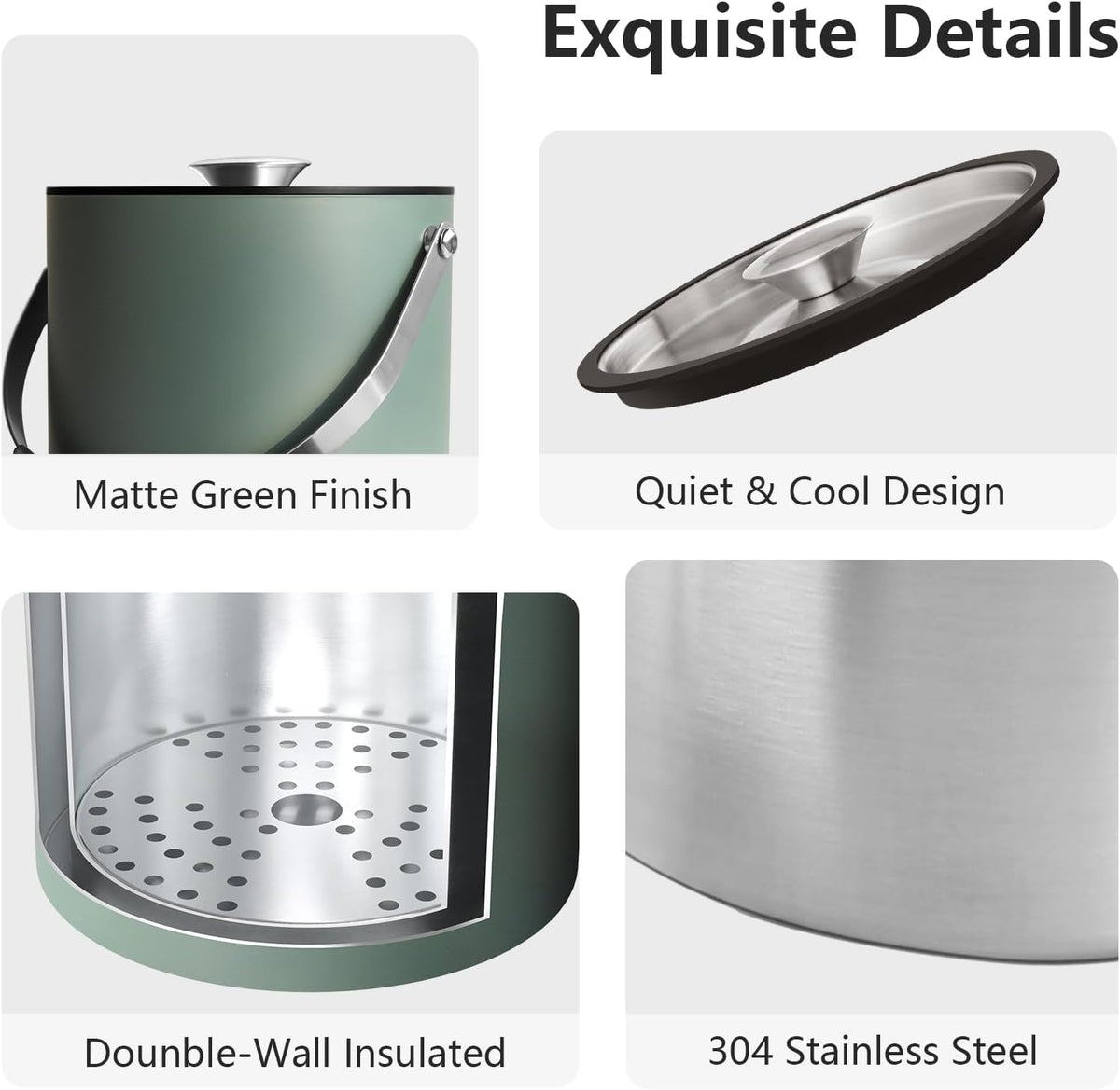 3L Ice Bucket with Silicone Lid, Scoop, Tongs & Strainer, Stainless Steel Double Wall Insulated Ice