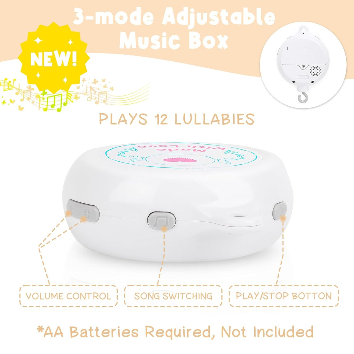 Dinosaur Crib Mobile – Beige Dino Baby Crib Mobile with 3-Mode Music Box, Nursery Mobile with