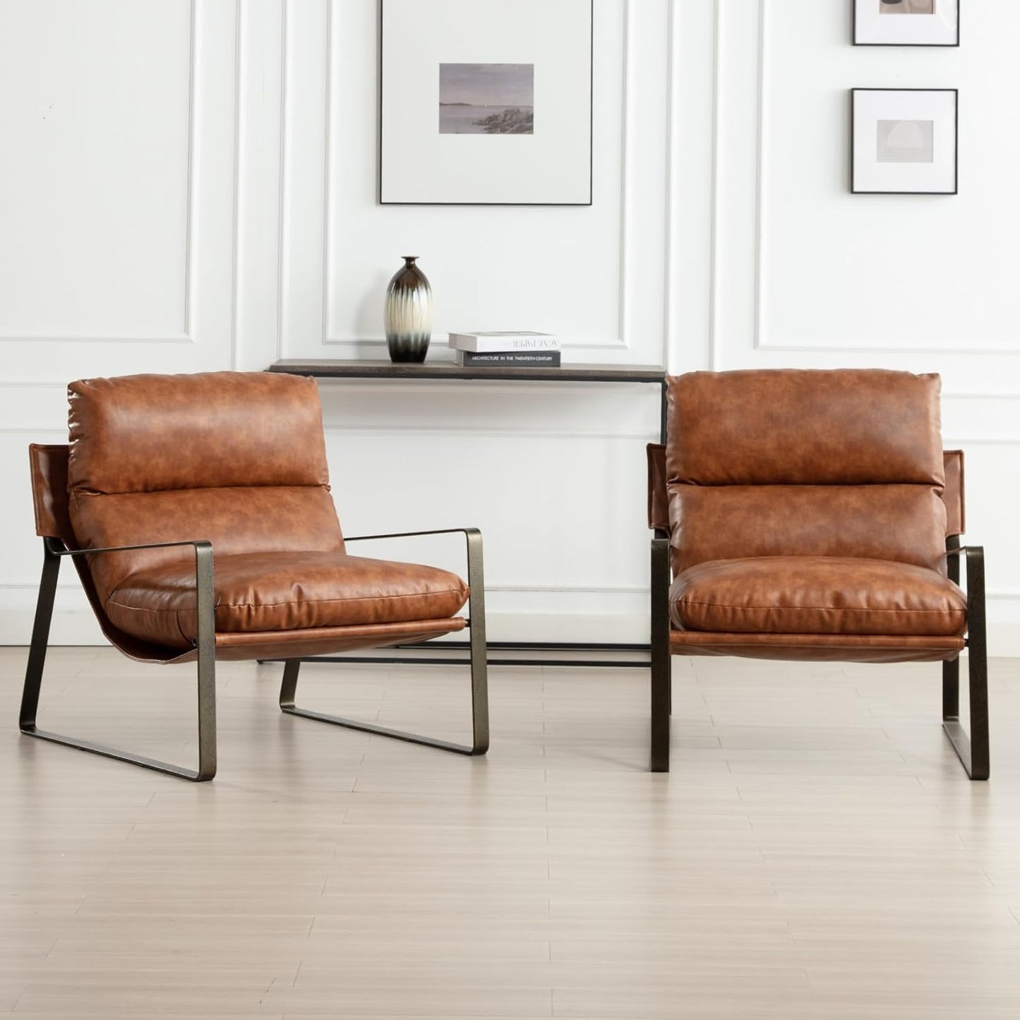 DUOMAY Mid-Century Accent Chairs Set of 2, Comfy PU Leather Leisure Chairs Lazy Chairs with Brozen