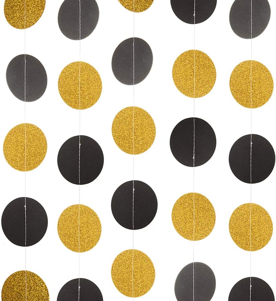 WEVEN Black and Glitter Gold Paper Garland, Circle Dots Banner Bunting Streamer Hanging Party