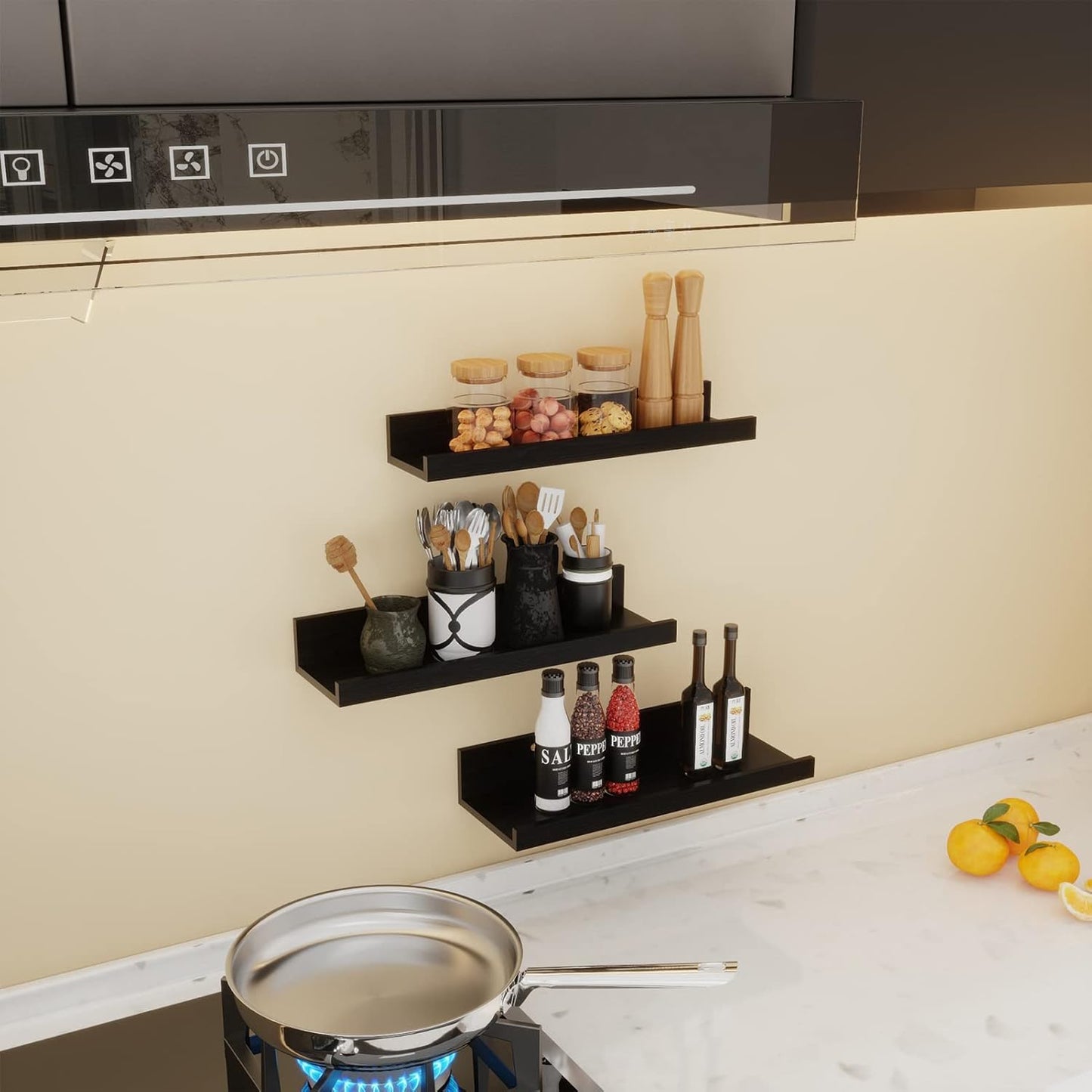 Giftgarden 16 Inch Black Floating Shelves for Wall Mount, Woodgrain Wall Shelf Ledge for Bathroom