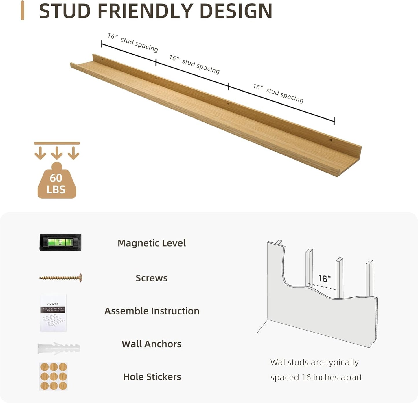 Picture Ledge Shelf, Wood Long Floating Shelves for Wall, Set of 2, 56 inch Picture Ledge Shelves