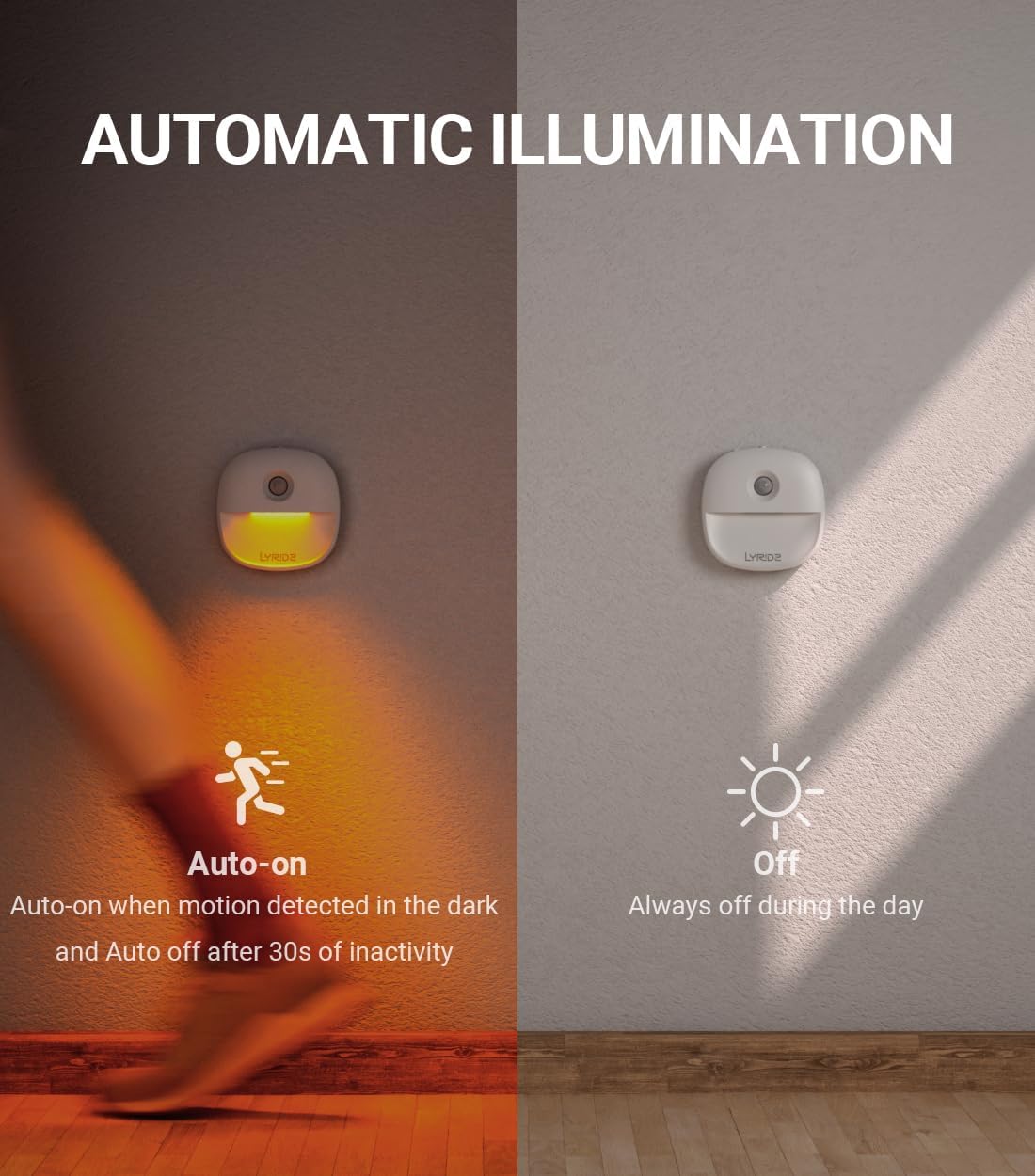Lyridz Rechargeable Battery Night Light with Motion Sensor, Dimmable Amber Nightlights for