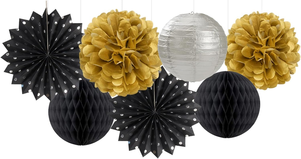 Black Gold Silver Party-Decorations Streamers-Lanterns - 14pcs Graduation 2025 Paper Fan,Tissue