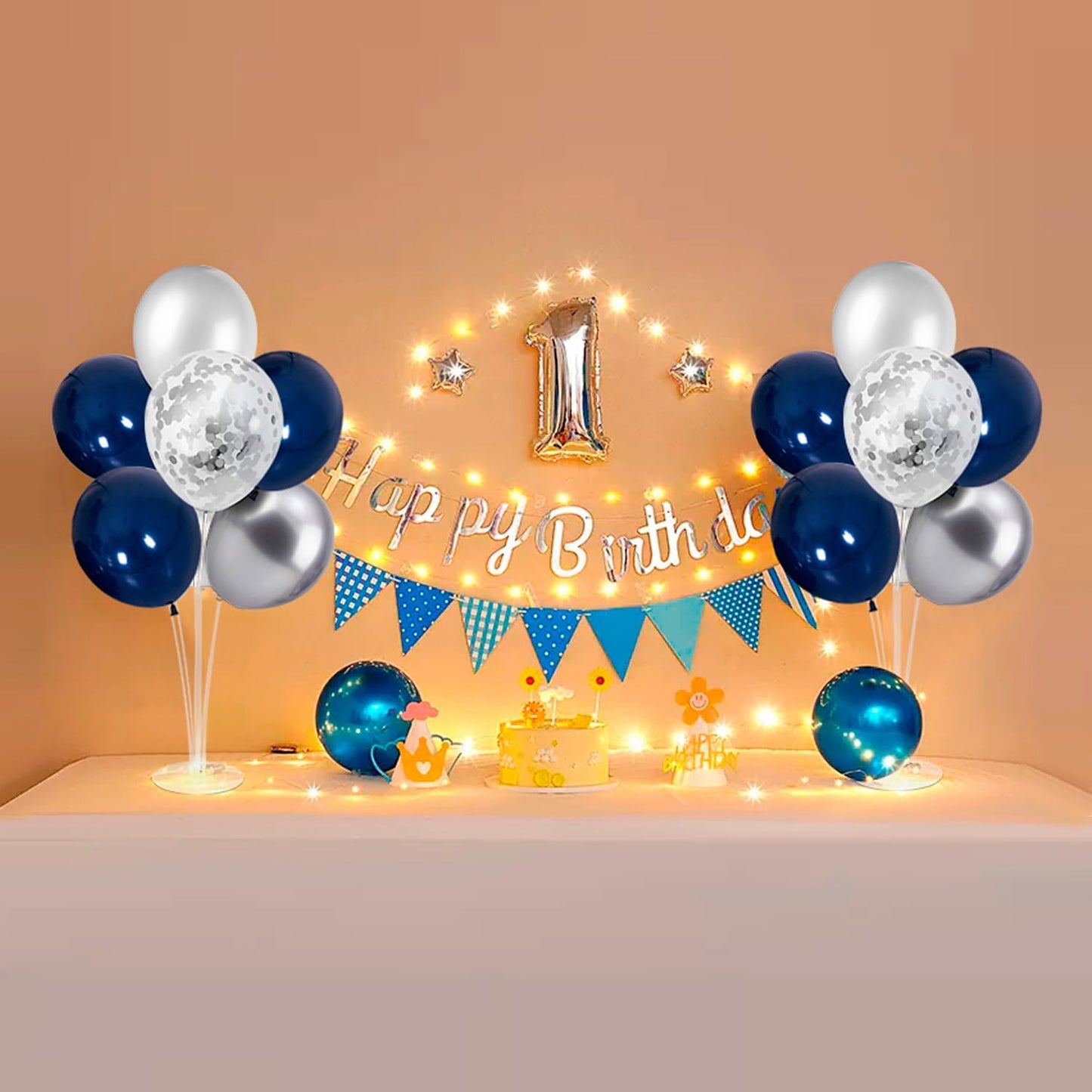 Balloon Stand with Silver and Navy Blue Balloons, Centerpiece Table Decorations for Birthday