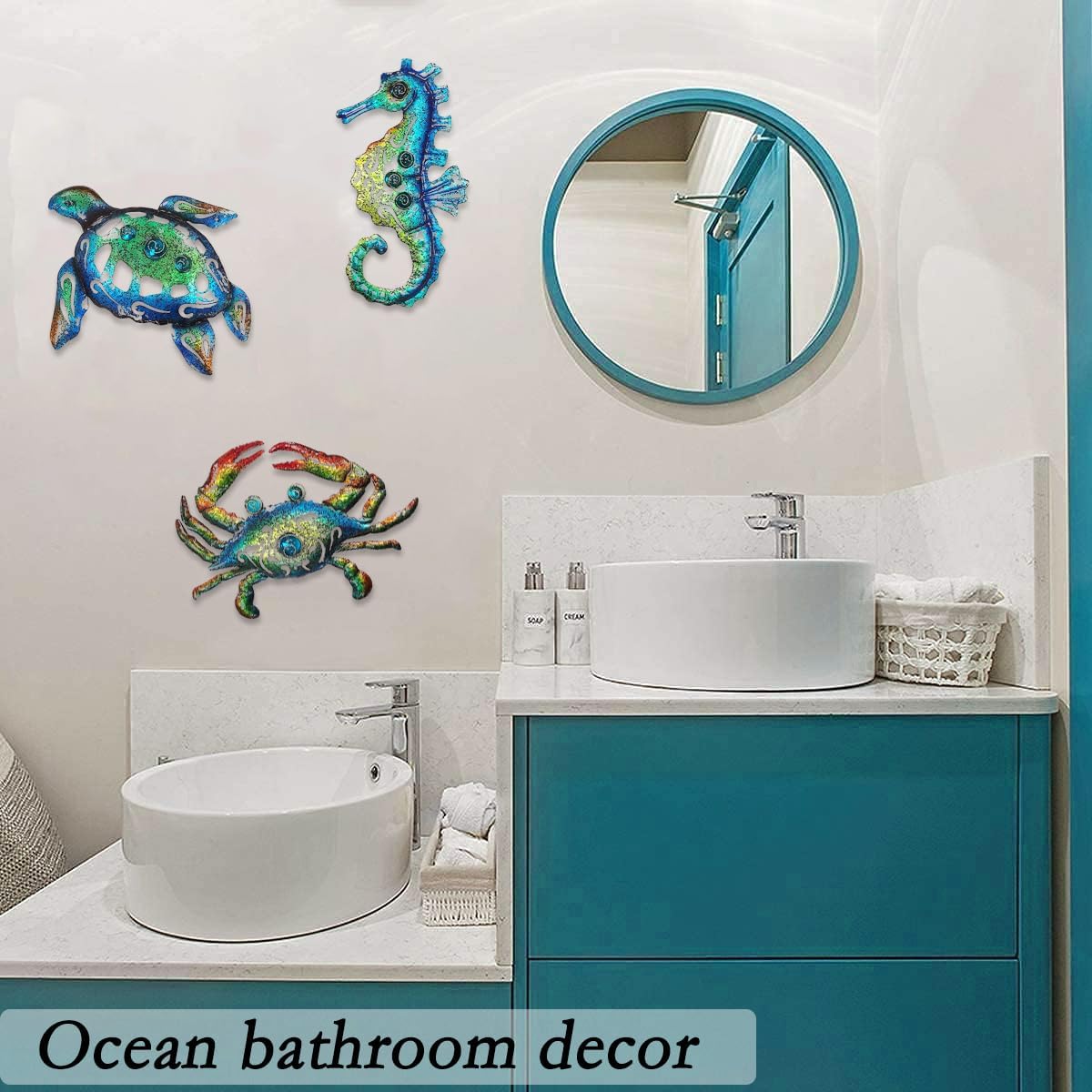Weibefee Metal Sea Turtle Seahorse Crab Beach Themed Bathroom Wall Art Decor, Ocean Themed Wall
