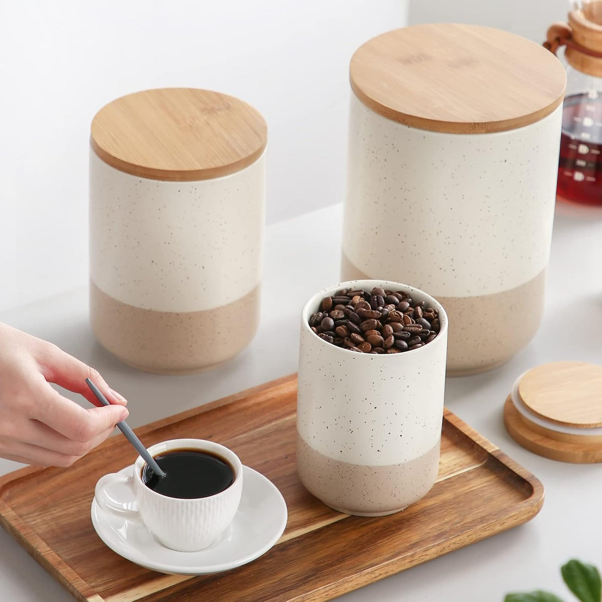 vancasso Sabine Small Ceramic Canister with Airtight Wood Lid - 18 oz Kitchen Storage for Coffee