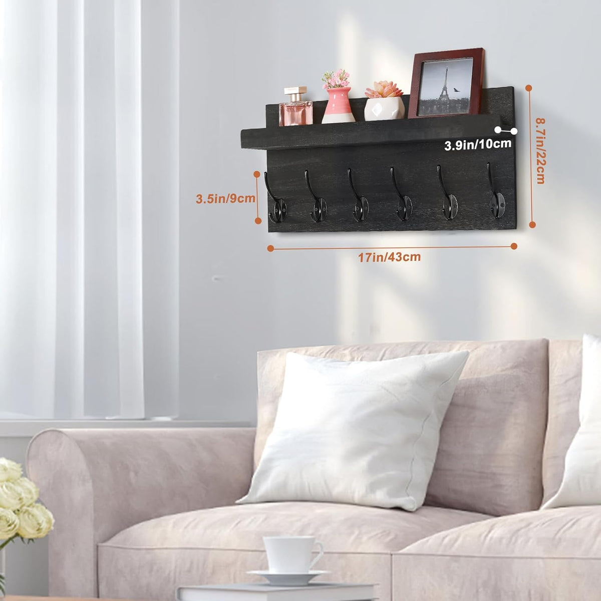 Shelf with Hooks, Coat Rack Wall Mount with 6 Double Metal Hooks, 17 Inch Farmhouse Wall Hooks with