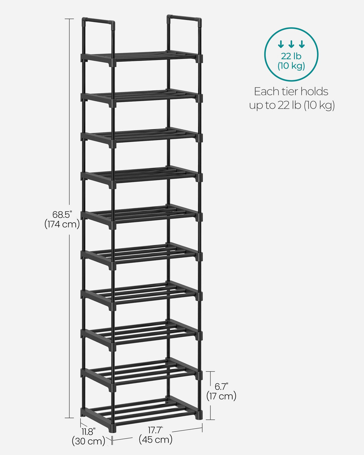 SONGMICS Shoe Rack, 10-Tier Shoe Organizer, Metal Storage Shelf, Upright or Upside Down, for 11-22