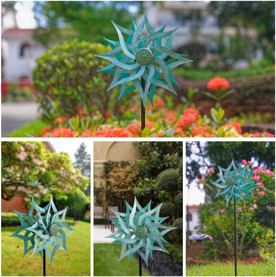 Viveta Metal Wind Spinners,53.5" Kinetic Wind Sculptures,Green Garden Pinwheels Double Layer