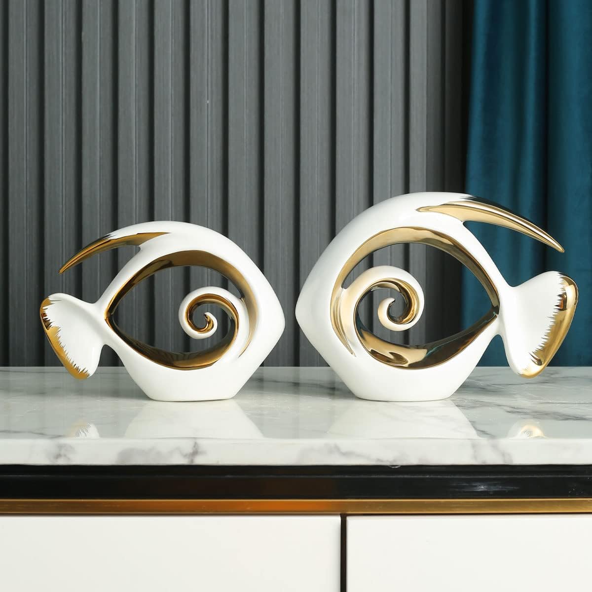 White Gold Ceramic Fish Figurines - Coastal Home Decor, Modern Ocean Centerpieces for Living Room