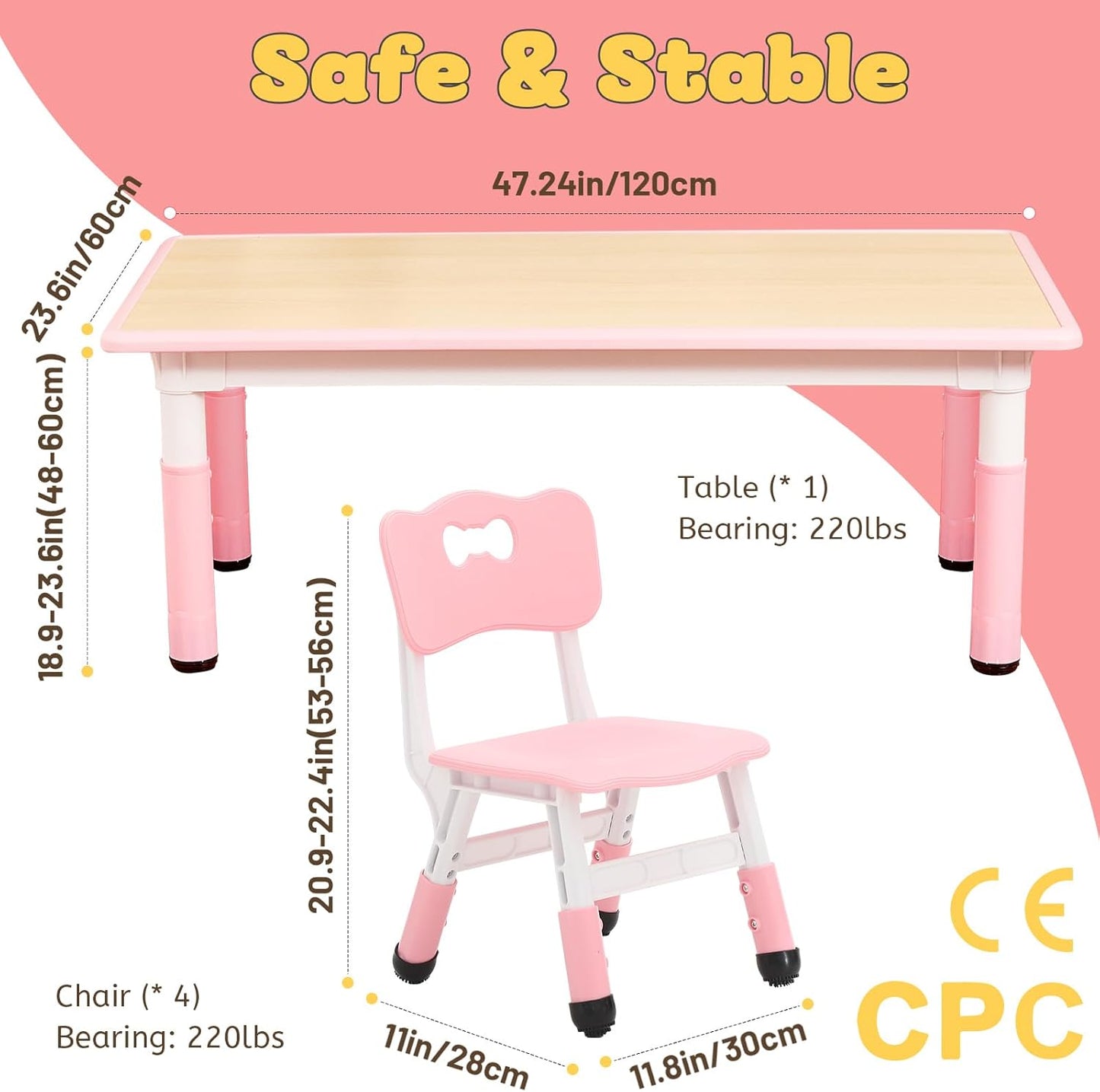 FUNLIO Kids Table and 4 Chairs Set for Ages 3-8, Height Adjustable Toddler Table and Chair Set