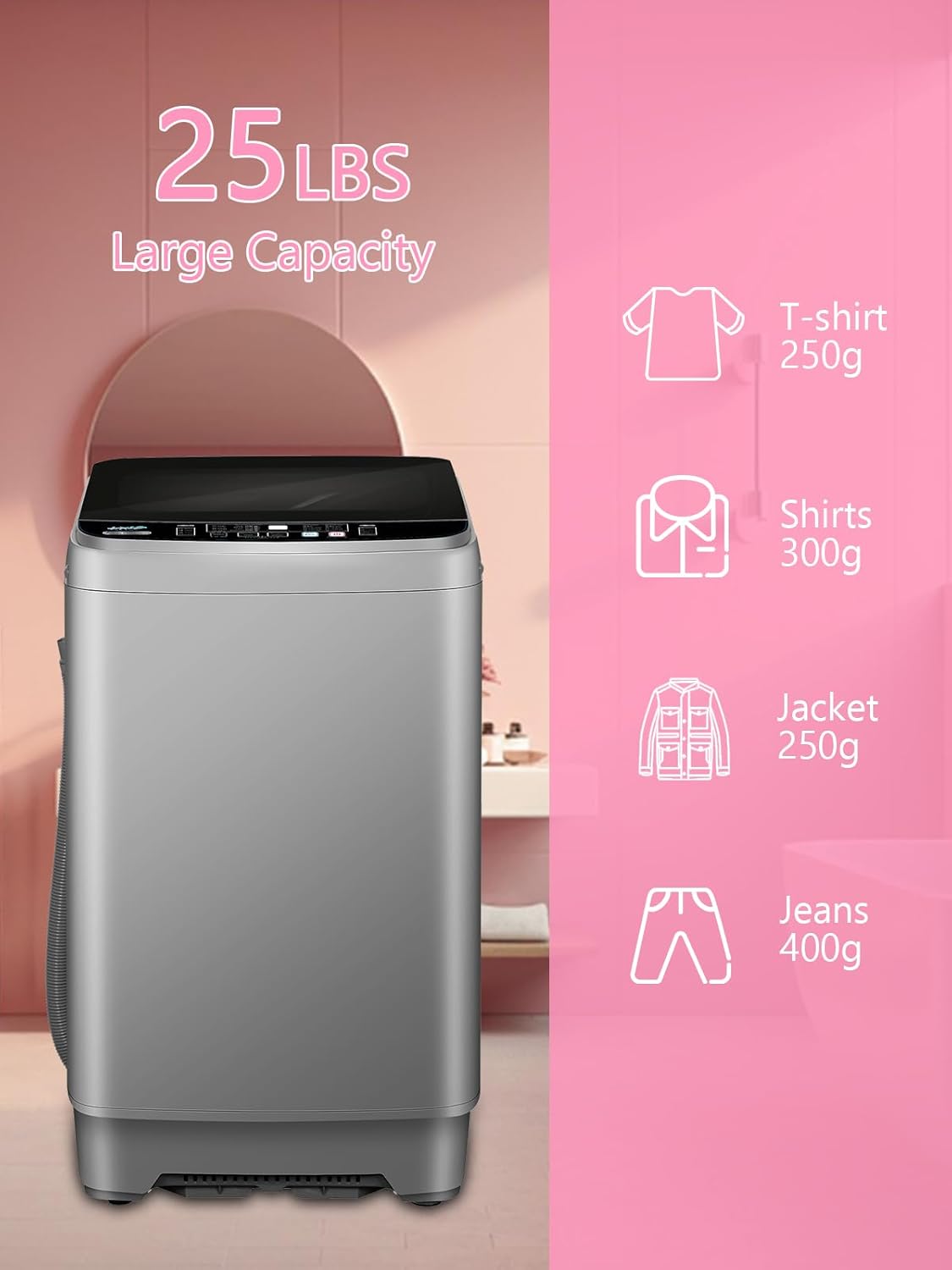 Full Automatic Washing Machine with LED Display, 25 lbs Portable Washer Drain Pump, 10 Programs & 8