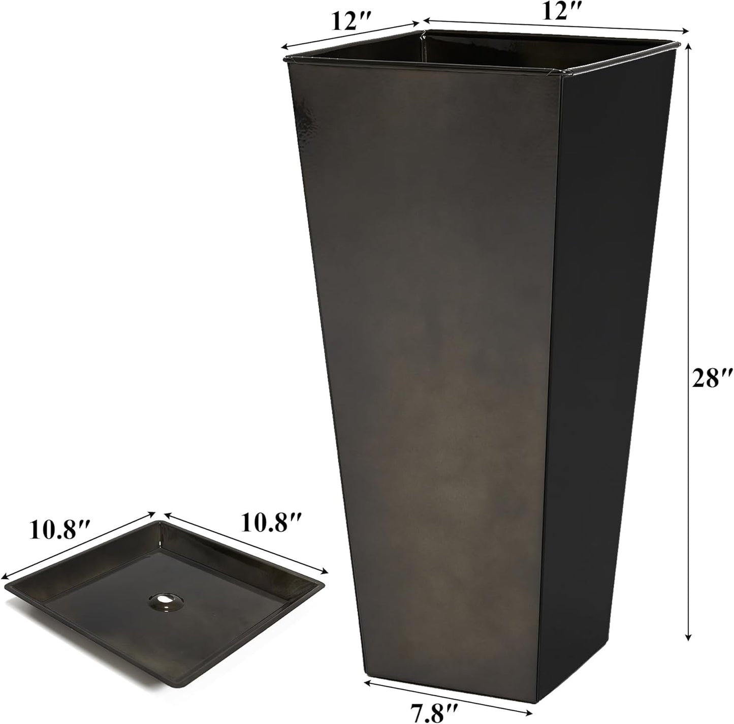 WORTH Garden 28" Large Metal Glazed Planter Set of 2, Luxurious Glossy Finish Black Tall Square