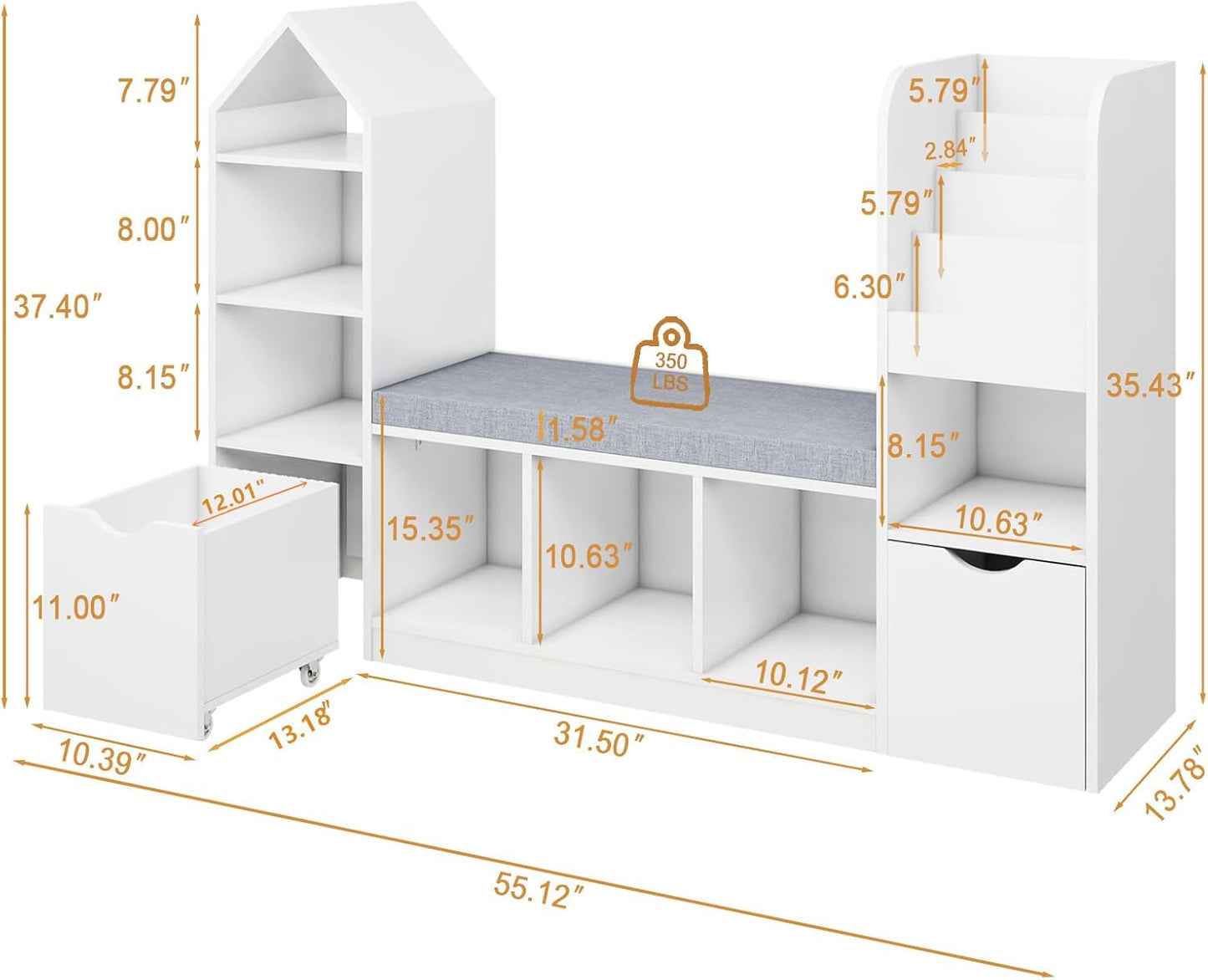Vabches Kids Bookcase and Bookshelf with Reading Nook, Multifunctional Bookcase with 7 Storage