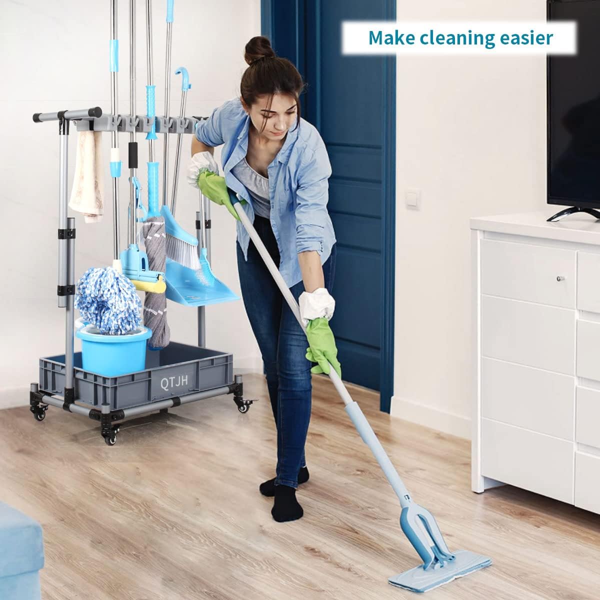 Broom And Mop Holder Put Wet Movable Floor-Mounted Mop Rack Floor Standing Cleaning Tool Cart