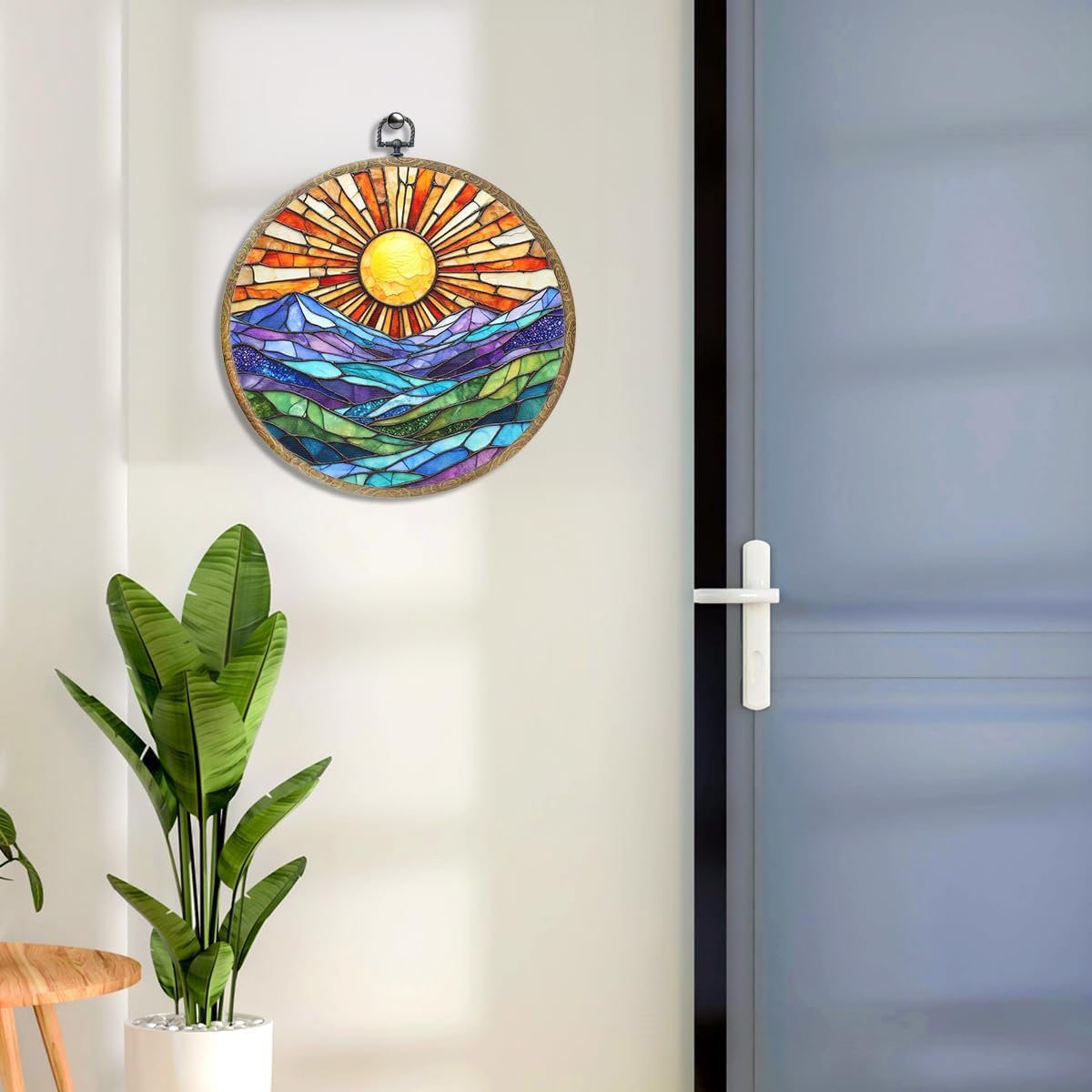 Colorful Mountain Sunset Bohemian Style Rainbow Sunrise Art Gift Framed Round Wall Decor Canvas