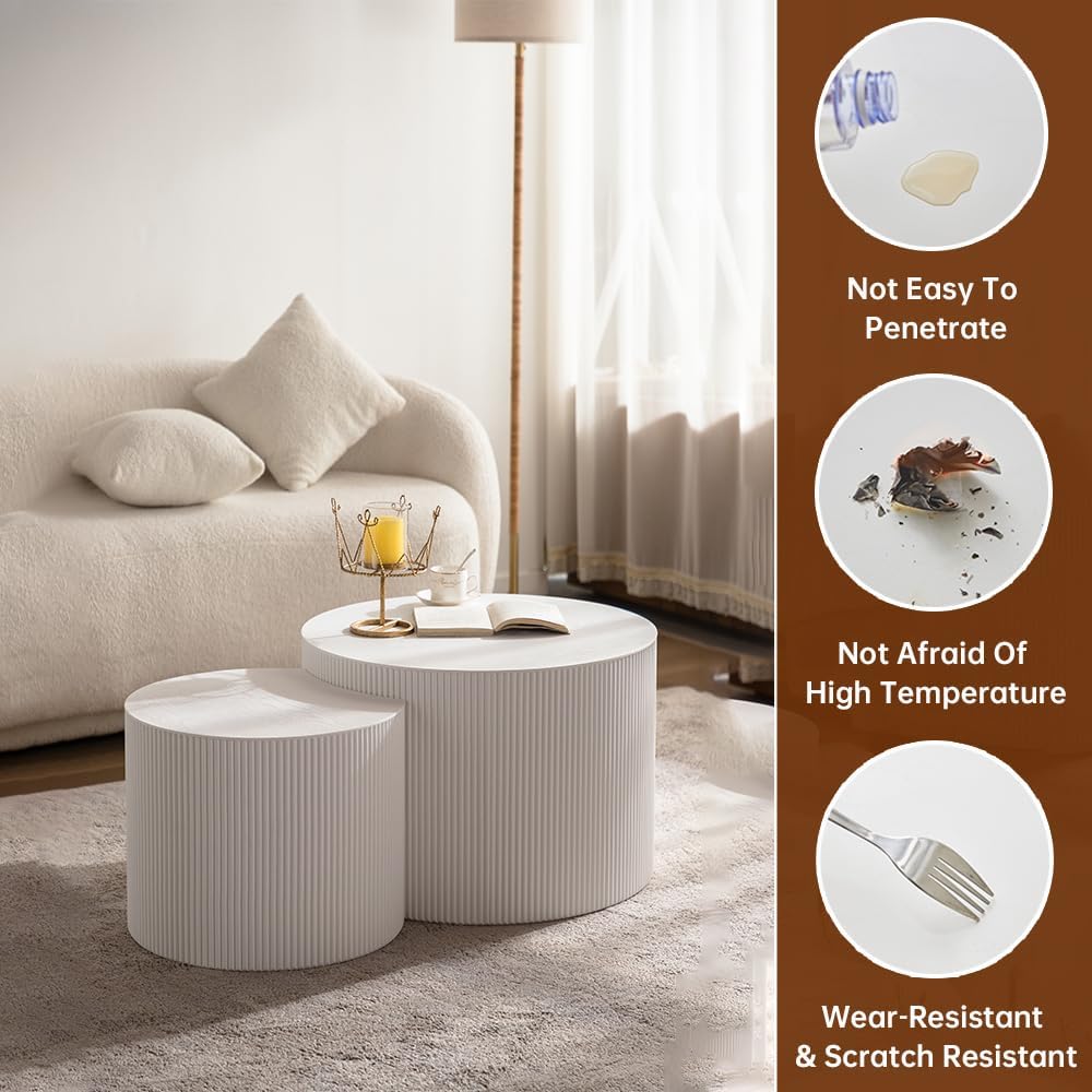 Round Nesting Coffee Table Set of 2 Modern White Fluted Coffee Table Small Round End Table Crescent