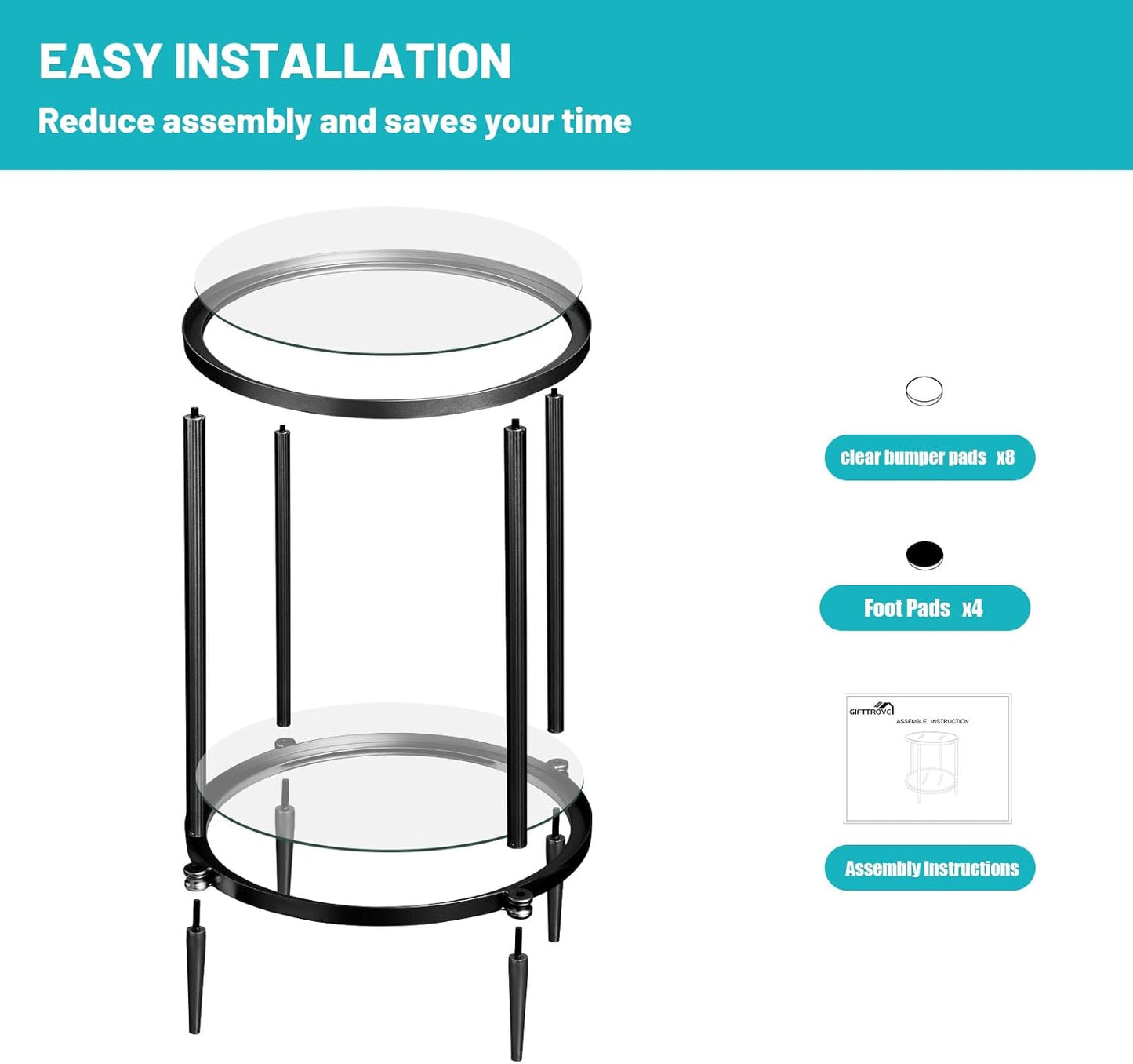 2 Tier Round Side Table, Black End Table with Glass Top, Modern Metal Clear Coffee Table,Small