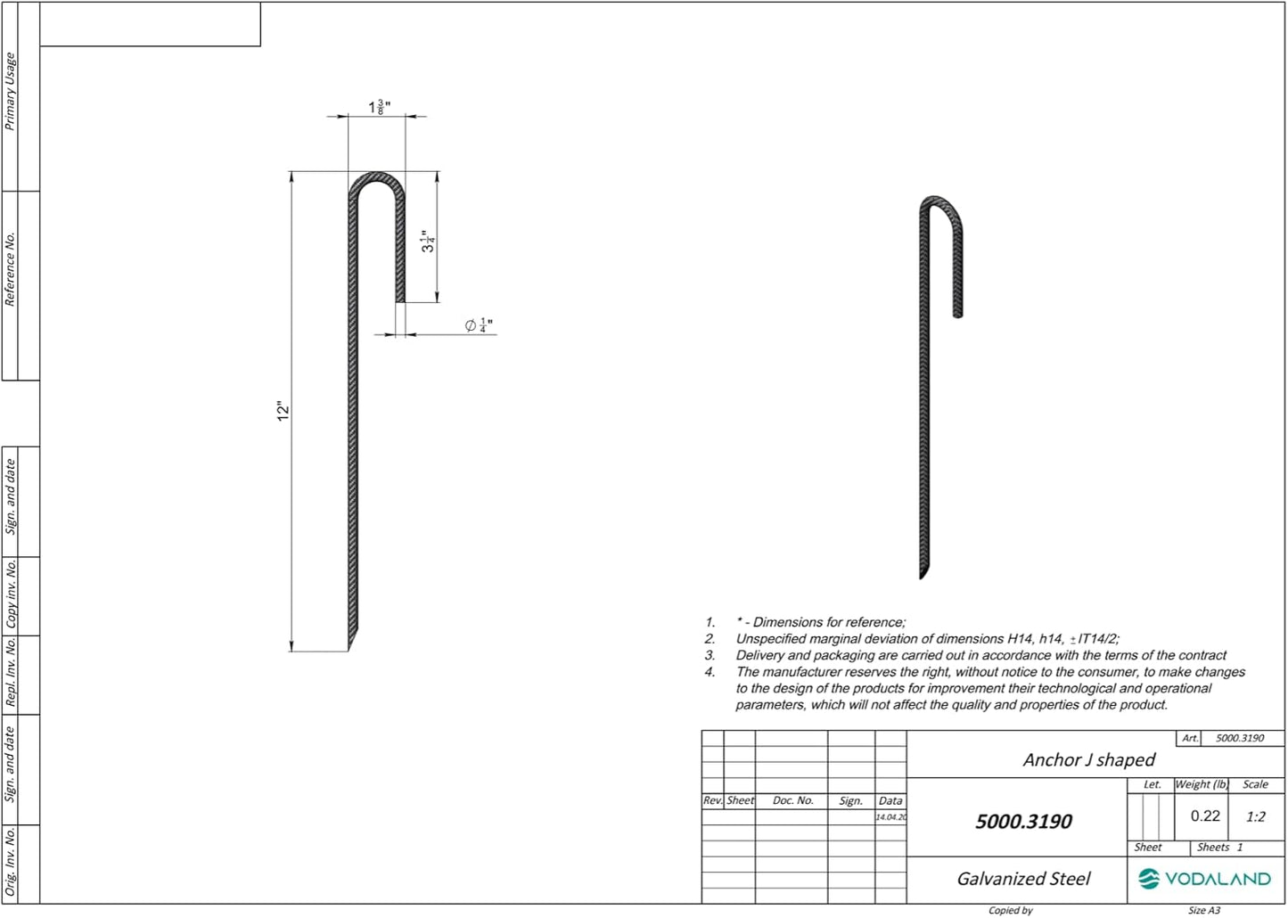 Vodaland Rebar Stakes J Hook Extra Heavy Duty 1/4 inch Coated Steel Ground Anchors with Chisel