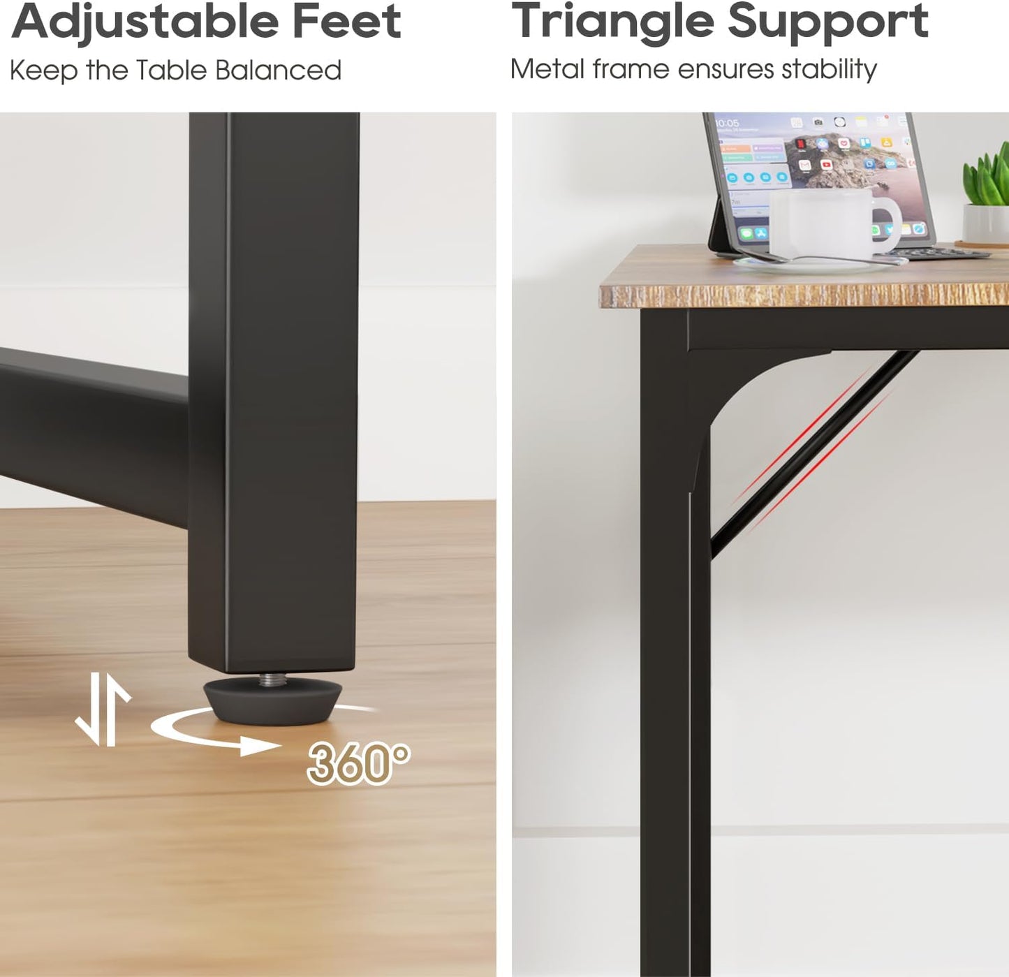 PayLessHere | 39 Inch Computer Desk | Brown | Office Desk with Metal Frame, Adjustable Feet |