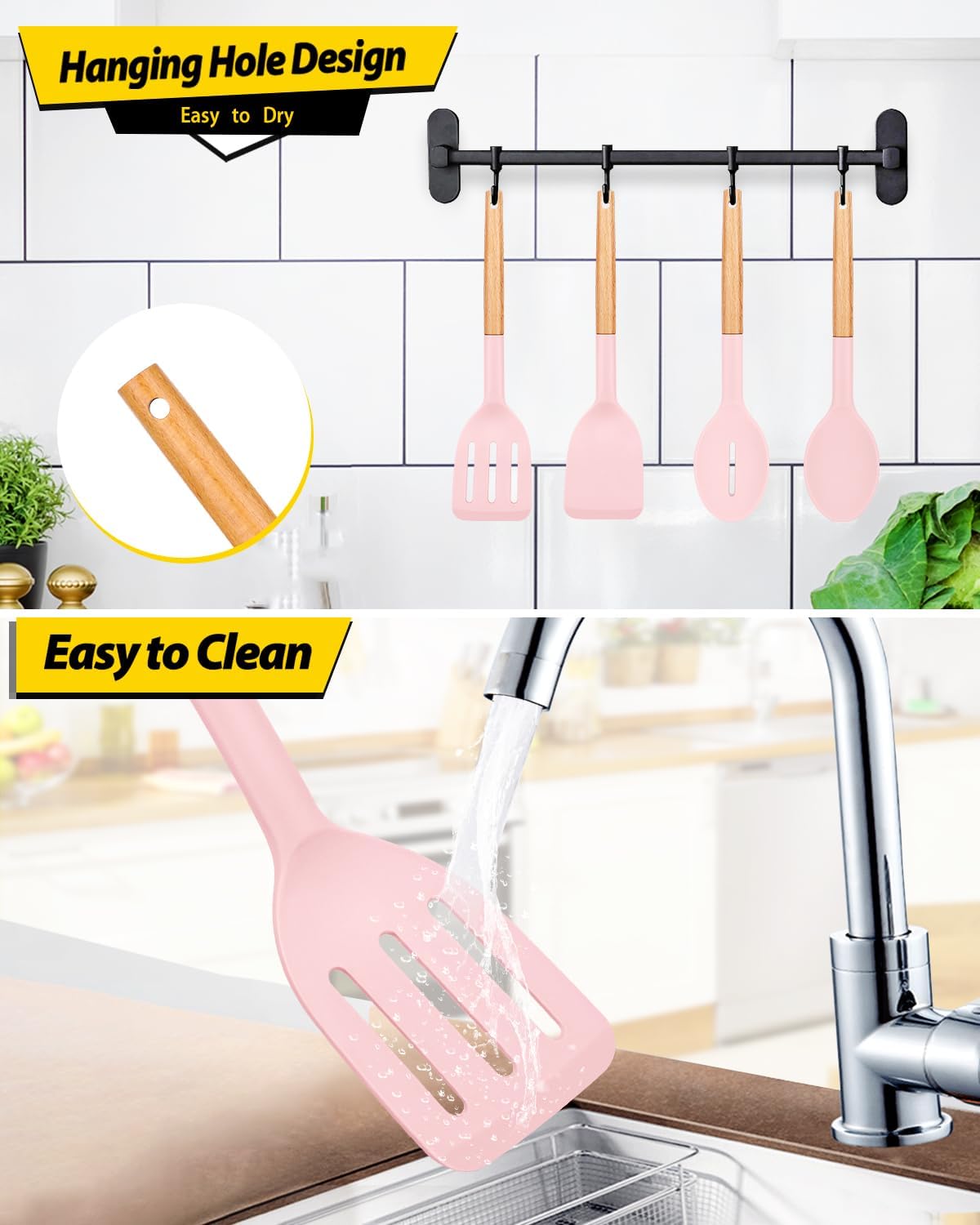 Pack of 4 Silicone Cooking Utensils Set, Non Stick Solid Spatulas and Heat Resistant Slotted Spoons