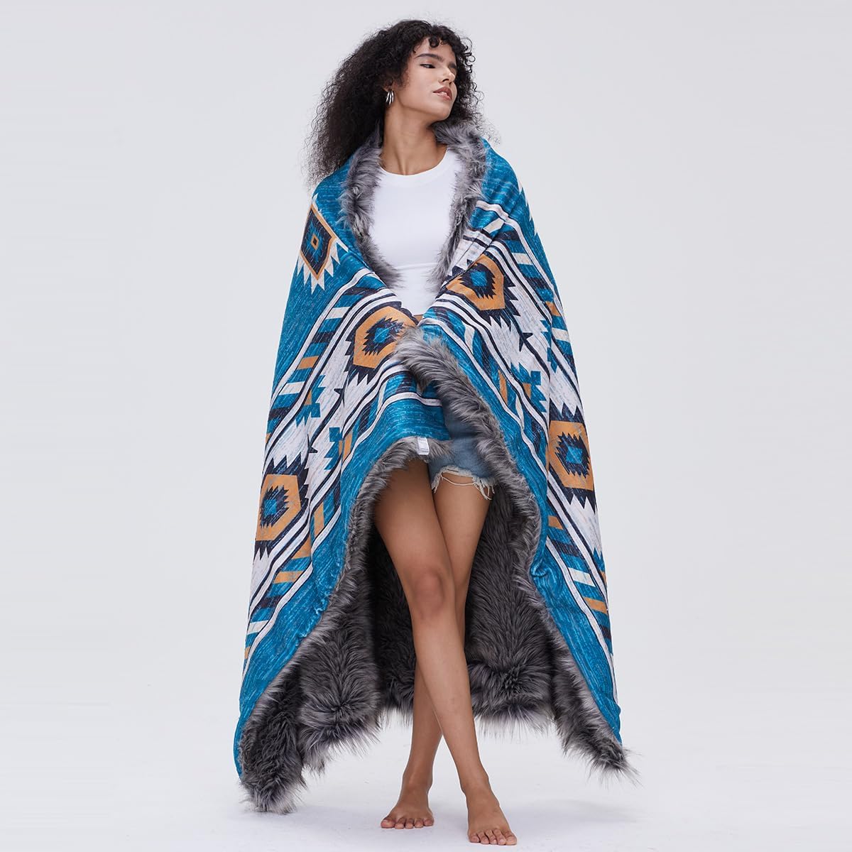 Luxury Plush Faux Fur Throw Blanket with Aztec Pattern, Super Warm, Fuzzy, Elegant, Fluffy