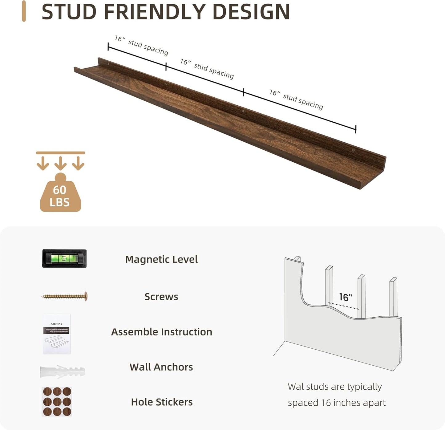 Picture Ledge Shelf, Wood Long Floating Shelves for Wall, Set of 2, 56 inch Picture Ledge Shelves