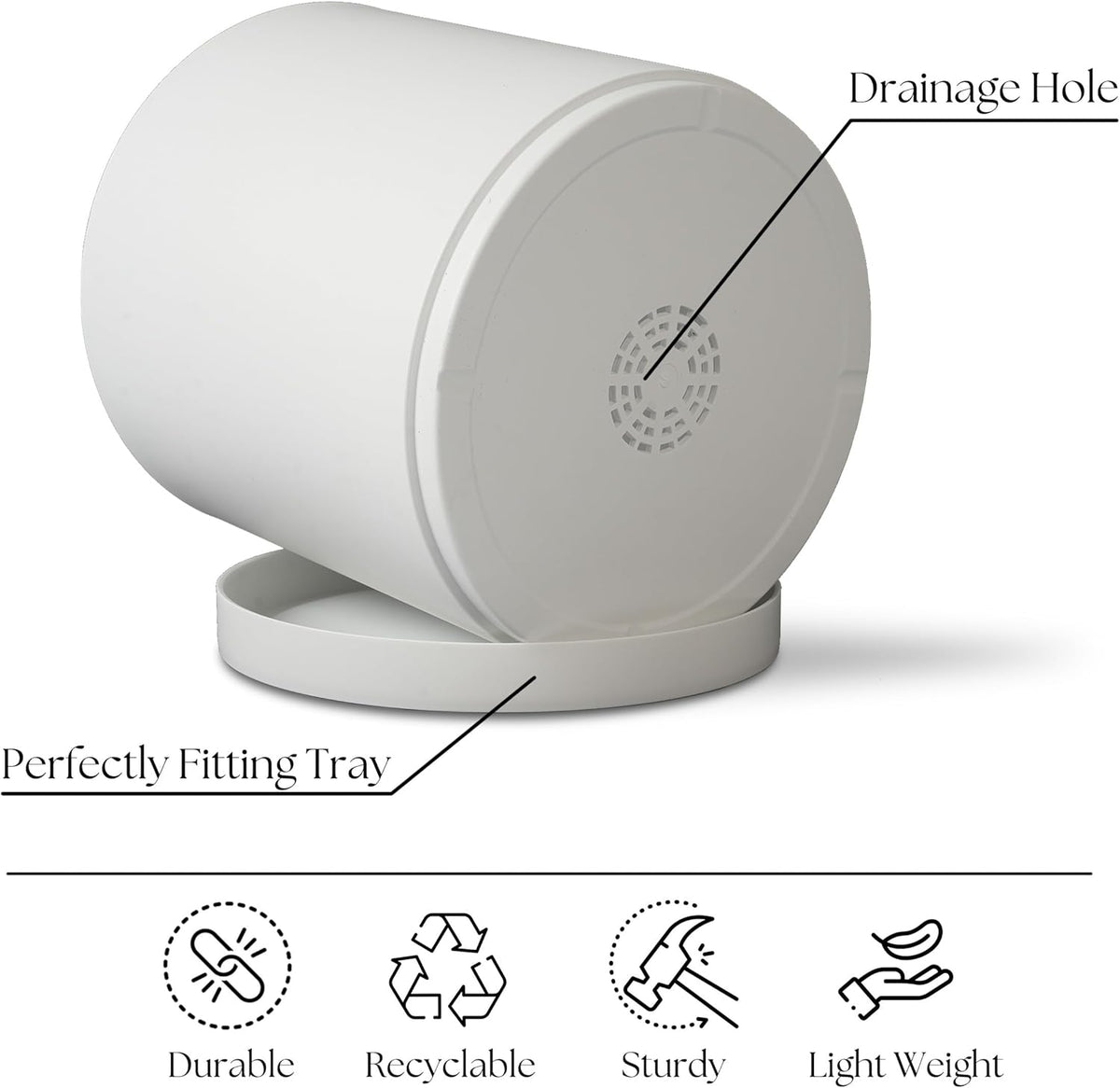 Modern 12 Inch Plant Pot with Drainage Hole & Saucer – Indoor Outdoor White Planter, Lightweight