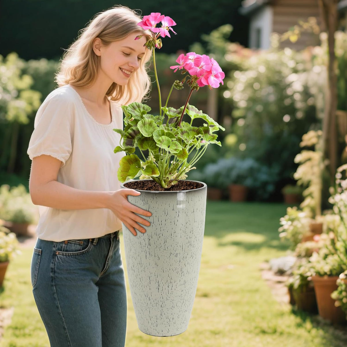 24/21/12 Inch Large Plastic Planter, Lightweight Ceramic-Look Large Flower Pots with Drain Hole &