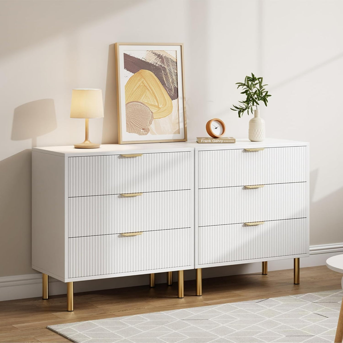 GAOMON 3 Drawer Dresser, Wood Chest of Drawers Organizer Storage with Gold Handle, Small Storage
