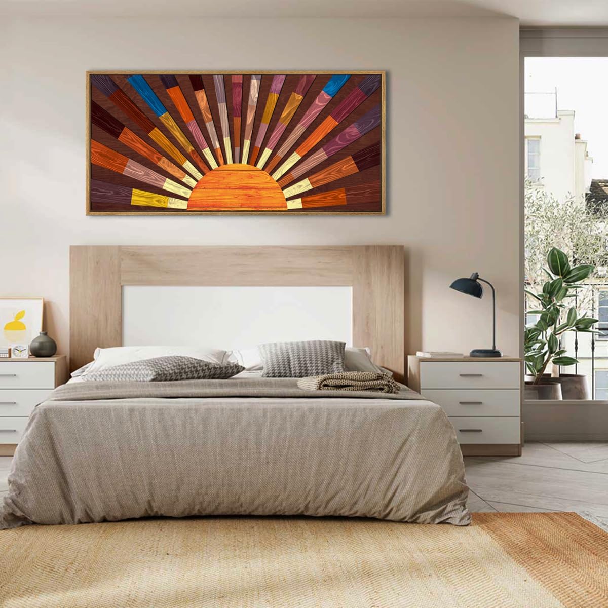 IARTTOP Extra Large Boho Sun Wood Wall Art for Living Room Wooden 3D Framed Abstract Sun Rising on