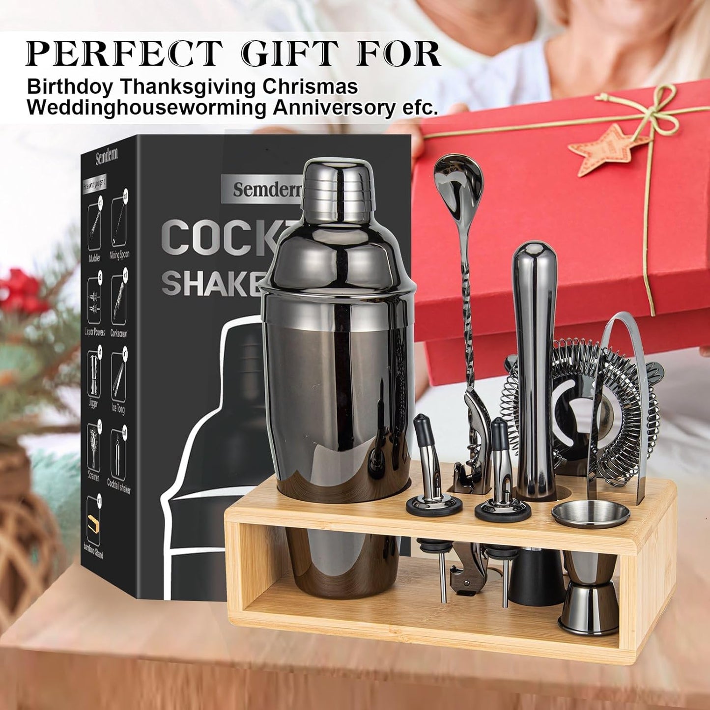 Cocktail Shaker Set, Mixology Bartender Kit 10-Piece Bar Tool Set with Stylish Bamboo Stand, Bar