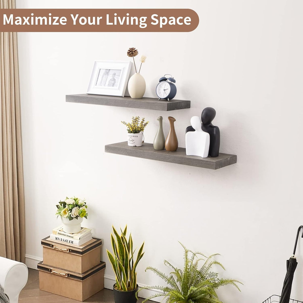 Axeman Floating Shelves for Wall, 24''W x 8'' D Rustic Solid Elm Wood Shelves for Storage, Wall