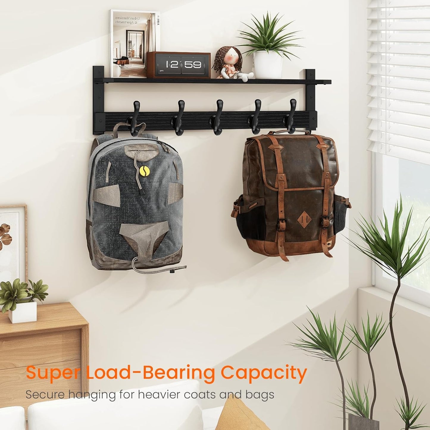 Homode Coat Hanger Wall Mount with Shelf, 29 in Hanging Rack with Storage, Entryway Shelf with Pegs