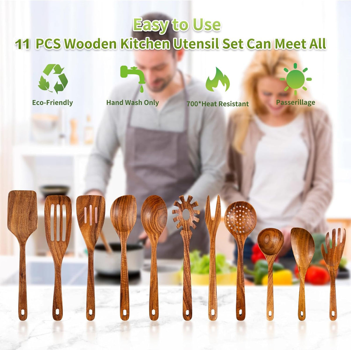 GUDAMAYE 11 PCE Wooden Spoons for Cooking, Wooden Kitchen Utensils Set,Wooden Cooking
