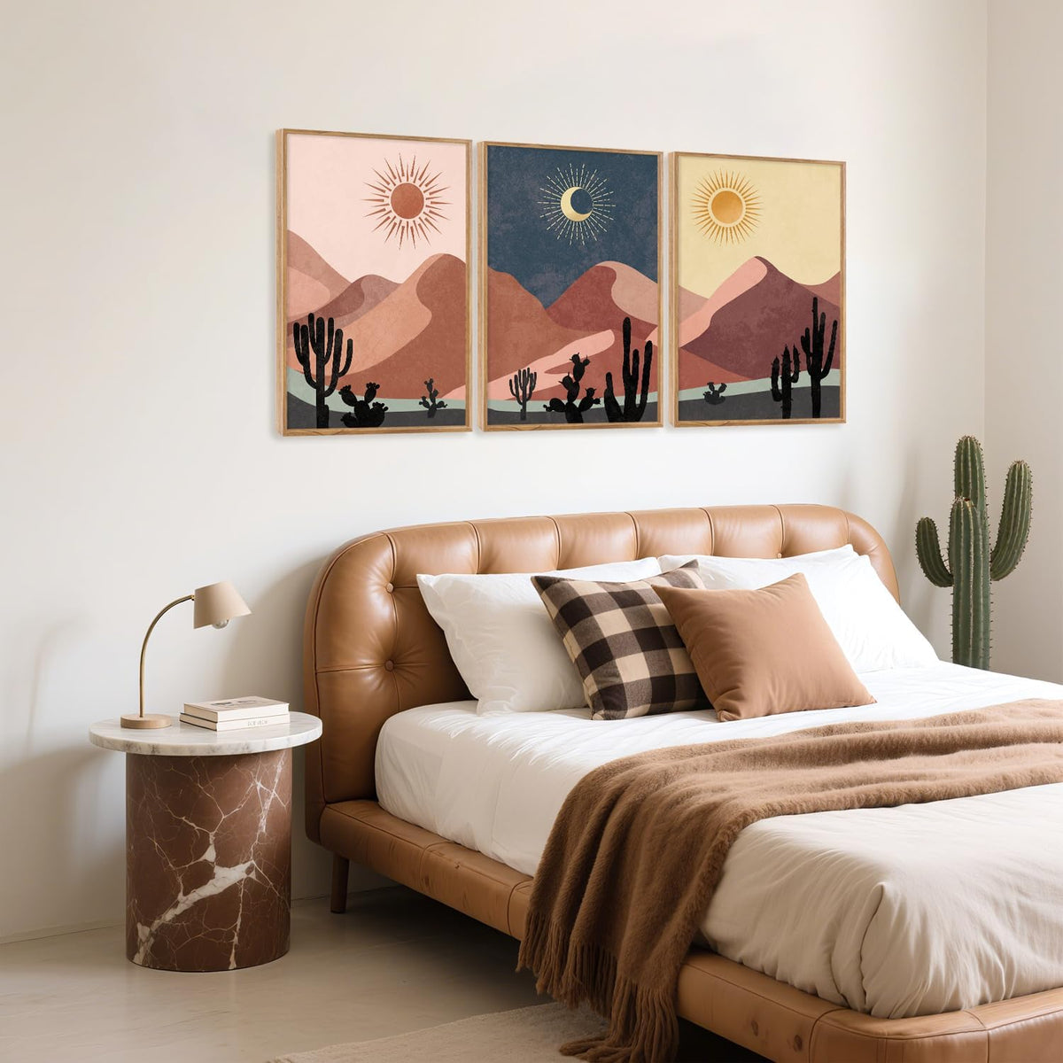 HPNIUB Boho Desert Framed Canvas Wall Art Set, Abstract Sun Moon Art Prints, Modern Cactus