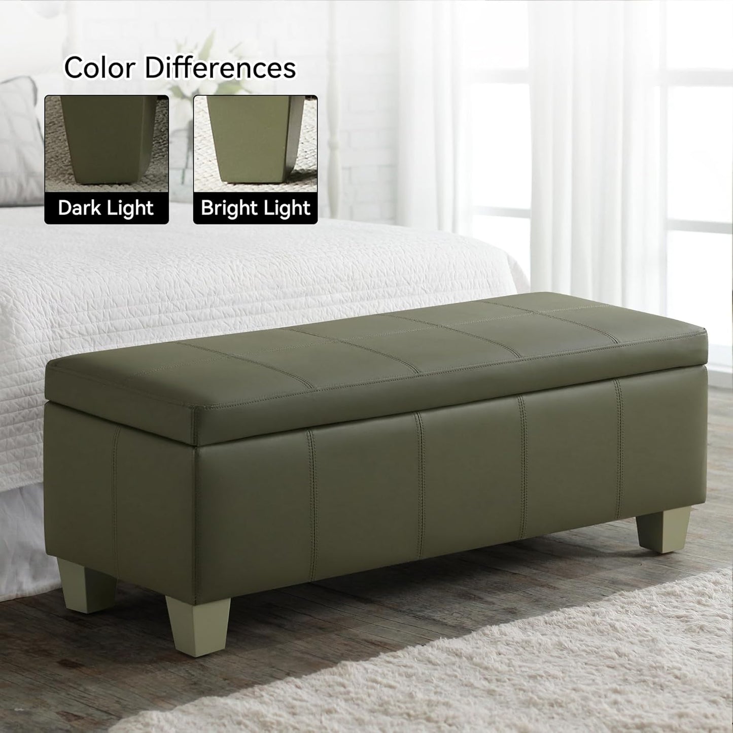 51" Faux Leather Storage Ottoman, Stitch Tufted Rectangle Upholstered End of Bed Storage Bench
