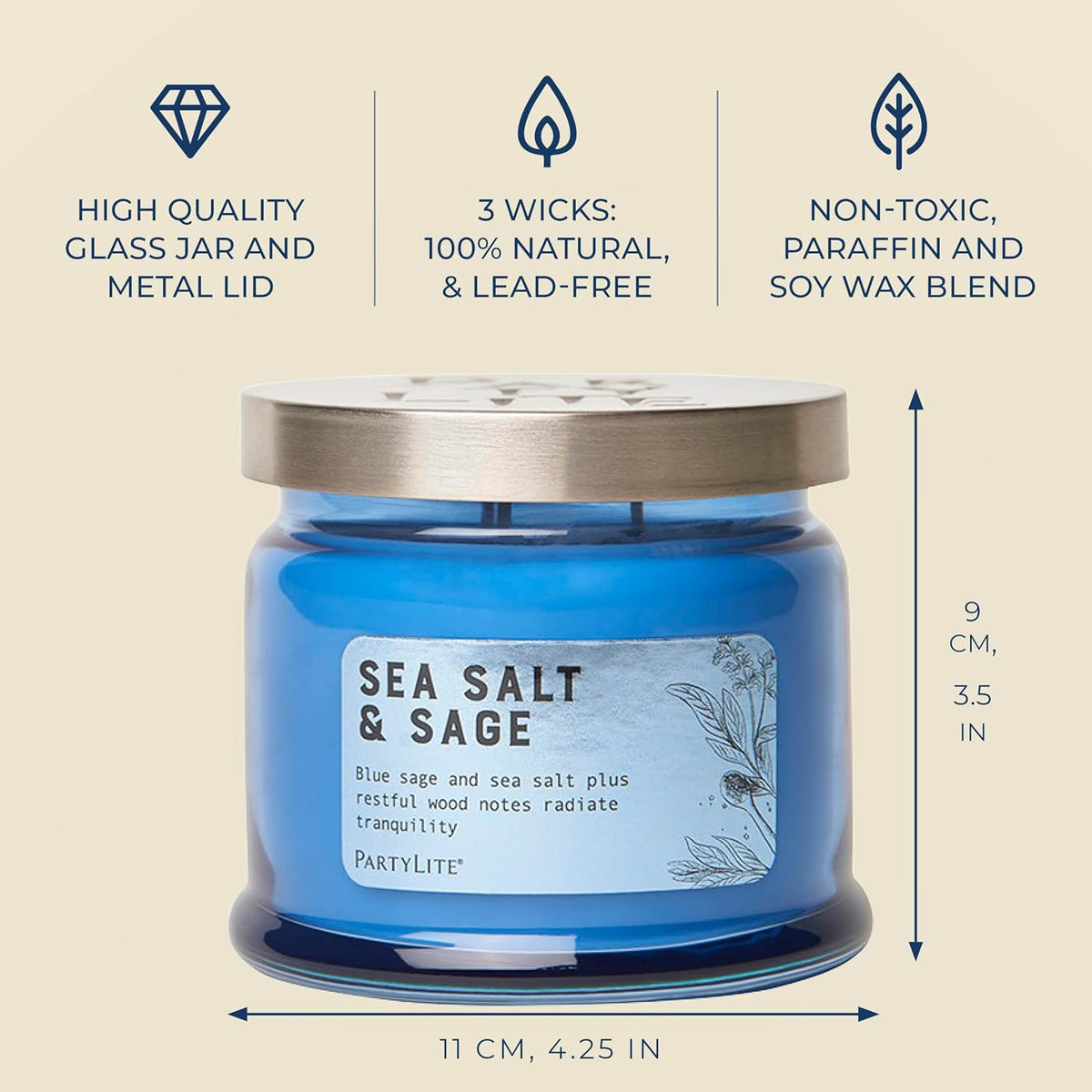 PartyLite Sea Salt & Sage Scented, Notes of Salted Air, Sea-Soaked Sage, Driftwood, Coconut and
