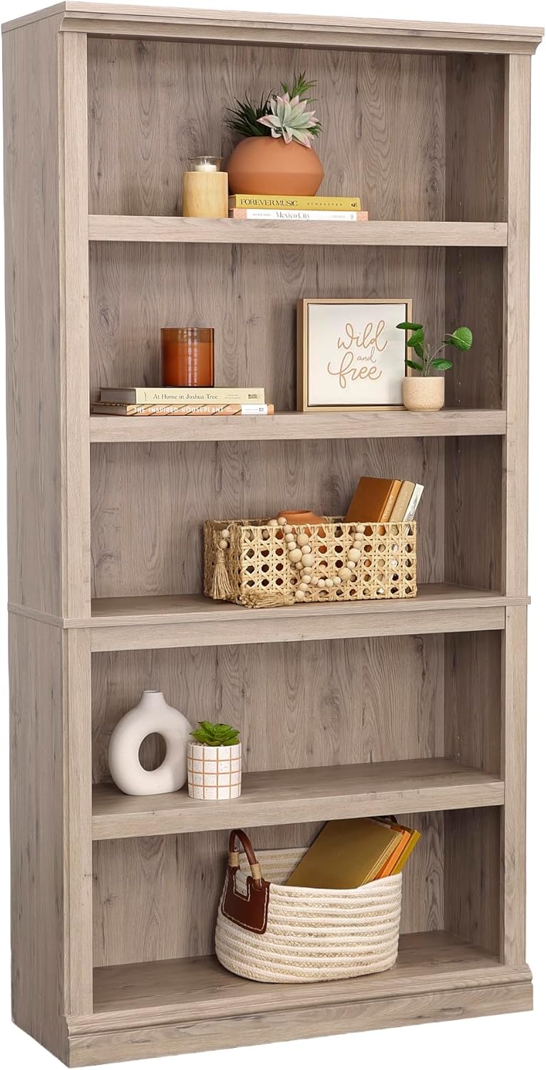 Sauder 5 Tier Book Shelf Wooden Bookcase Multipurpose Bookshelf for Home Office, Living Room, in