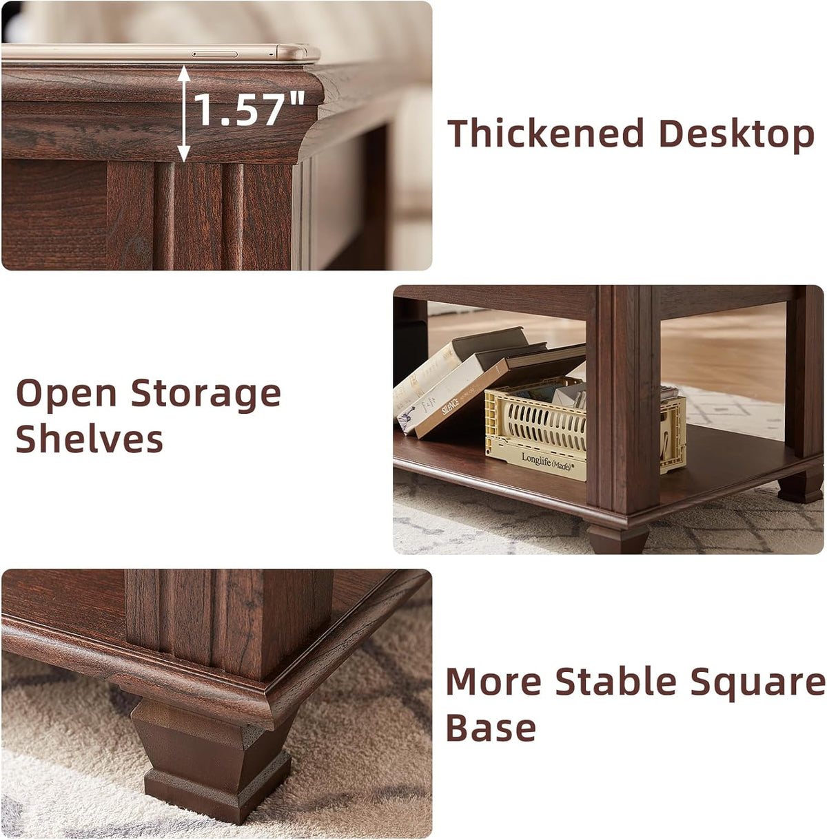 Farmhouse Coffee Tables for Living Room,Square Living Room Tables with Open Storage Shelf,Large