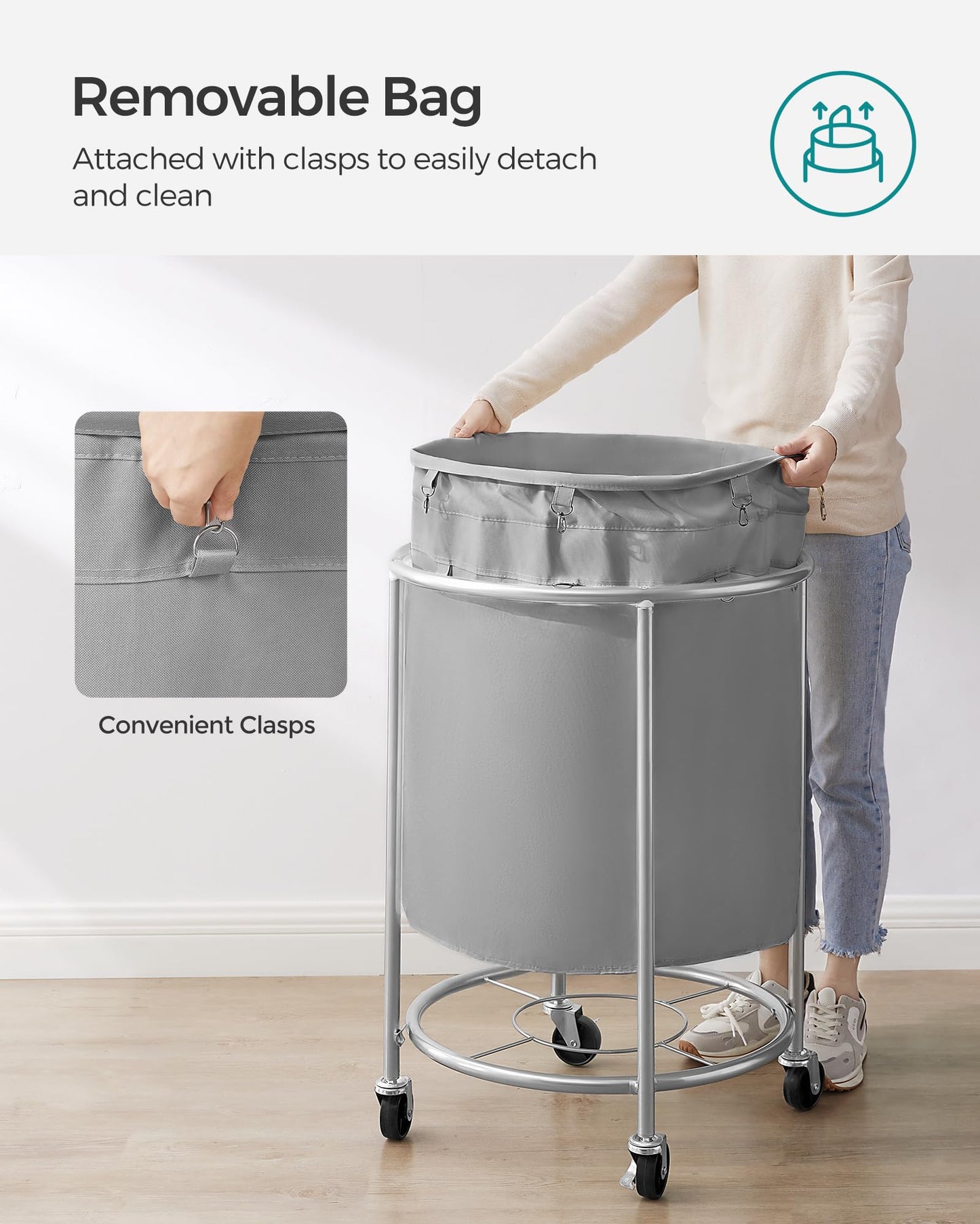 SONGMICS Laundry Basket, Rolling Steel Frame with 2 Locking Wheels, 190 L