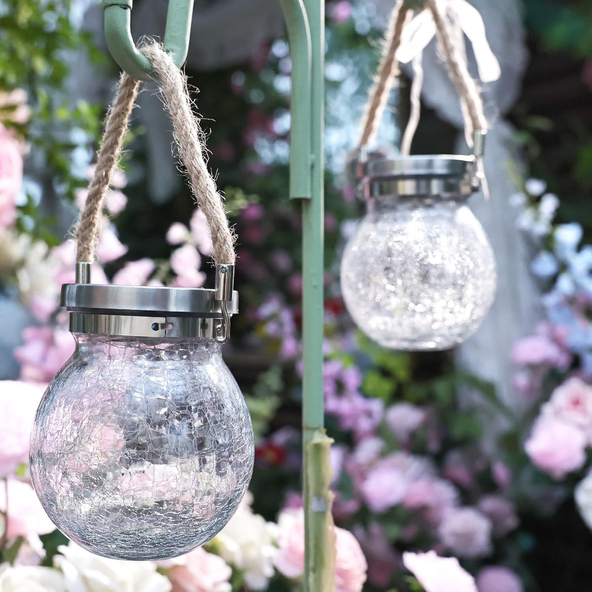 Cooo 4 Pack Heavy Crackle Glass Solar Lantern with 30 LED Firefly Lights– Waterproof Outdoor